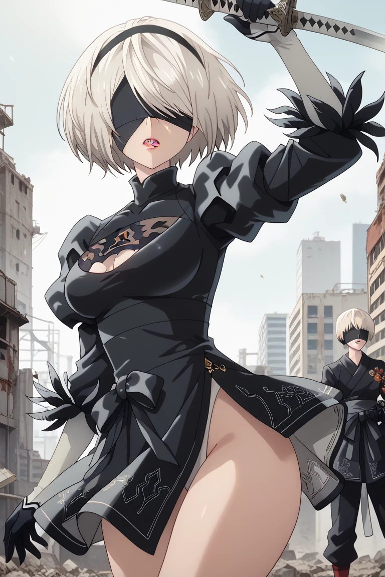score_9, score_8_up, score_7_up, source_anime,
2b, 2b, yorha no. 2 type b, short hair, white hair, hairband, mole, black hairband, mole under mouth, blindfold, covered eyes, black blindfold,
gloves, long sleeves, puffy sleeves,, clothing cutout, cleavage cutout, juliet sleeves, feather-trimmed sleeves,
outdoors, wasteland,((white leotard, cameltoe))
solo, dutch angle, looking at viewer, cowboy shot,