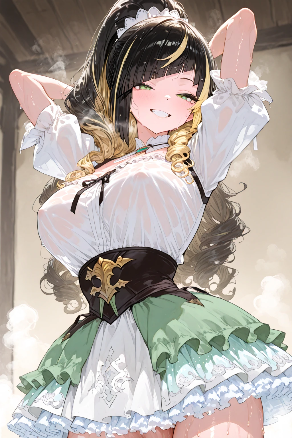 1girl, Satono diamond \(umamusume\), umamusume, yellow eyes,big breast,thick thighs, , sailor collar, bowtie, purple shirt, sailor shirt, short sleeves, white skirt, white thighhighs,arm up,armpit focus,breast focus,blush, :o,natural lighting, (masterpiece, best quality), detailed scenery,looking view,(heart in eyes,heart,Heart Eyes),pov,white background