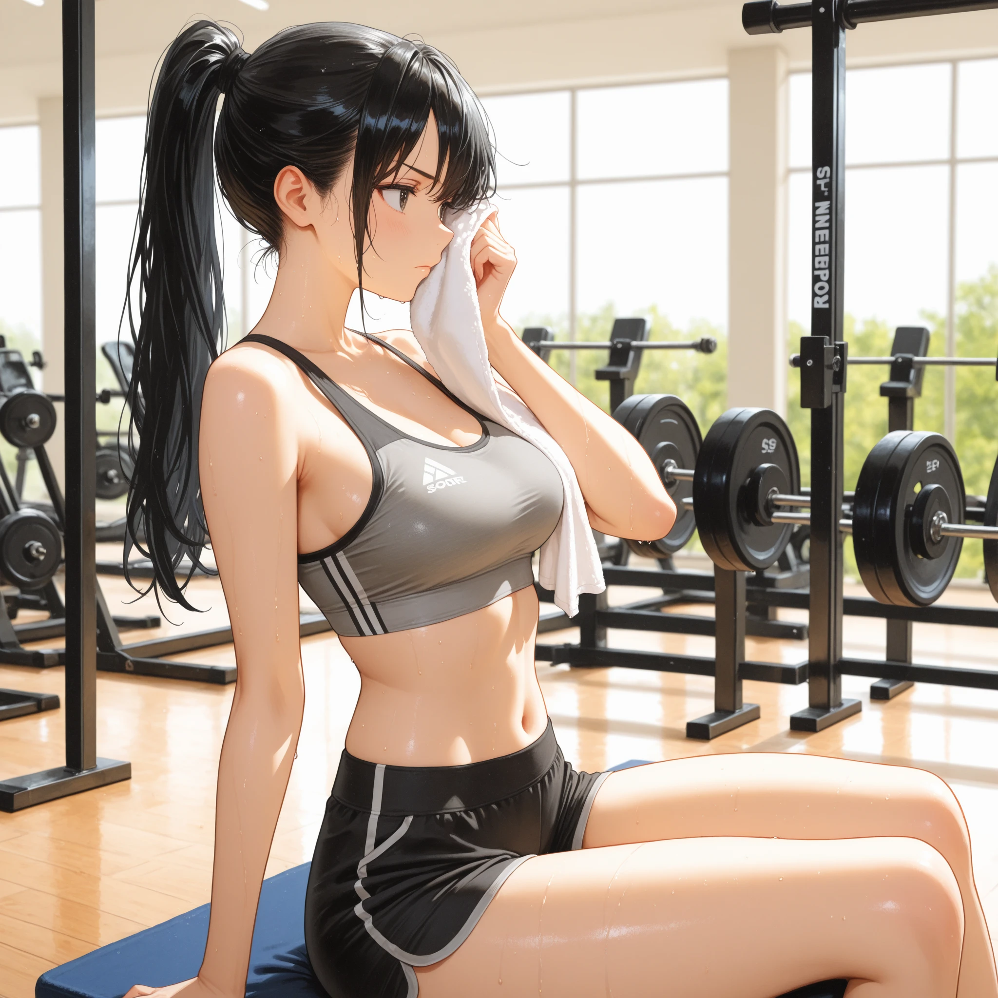 (best qualtiy)Meticulous sportswear girl,Sit on the floor of the gym,Spread your legs sexy,Wear delicate leggings and a sports bra,Cinematic touch,Film lighting completes the overall atmosphere,Directly opposite。