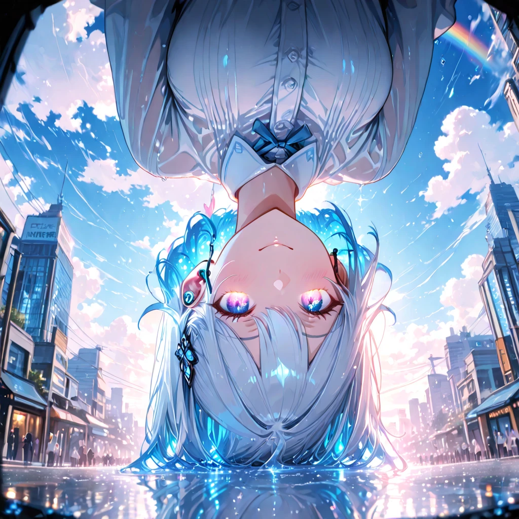 ultra-detailed, best illustration, 1girl, (slime girl:1.3), (transparent:1.3), (see-through:1.1), Lie down, (reflection:1.1), sport sweatshirt, translucent body, transparent skin, GTSCity, 50 meters tall, smile, destroyed buildings, masterpiece, best quality