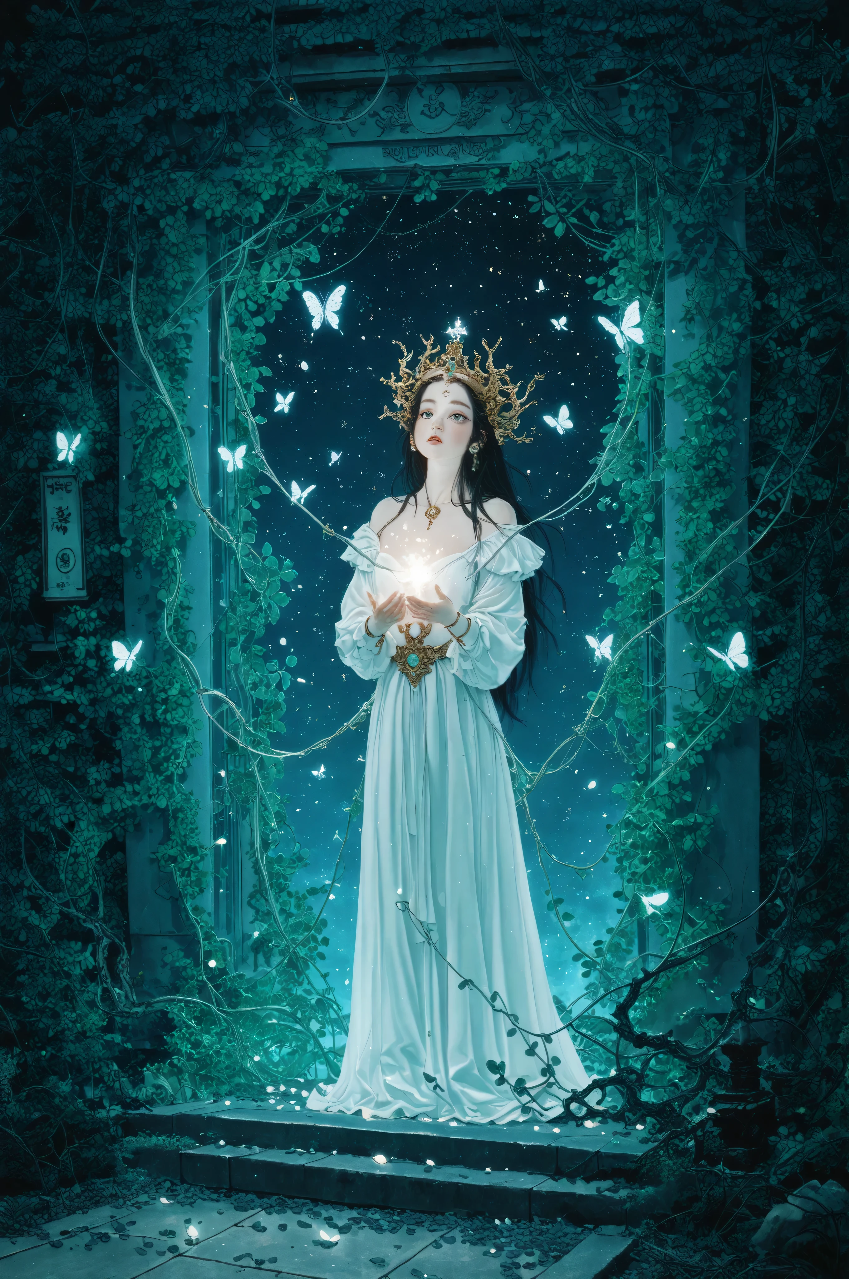 A futuristic shrine standing in a virtual garden,Wearing a dress woven from glowing vines and transparent petals,wearing a biomechanical crown,with digital runes floating around her face,Fluorescent butterflies and petals,The background is a dream space intertwined with stars and glowing plants,Beautiful fantasy style,Surreal illustration style