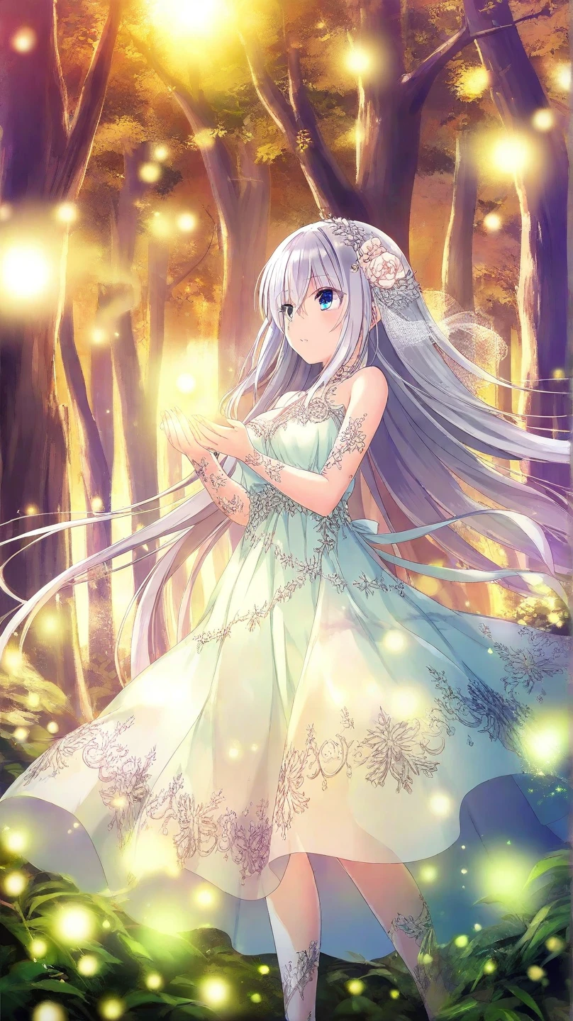 A breathtakingly beautiful anime girl with long, flowing silver hair adorned with delicate flowers, wearing an elegant, shimmering pastel-colored dress with intricate lace patterns, standing gracefully in a vibrant enchanted forest with glowing fireflies, sparkling streams, and ethereal light filtering through tall, ancient trees, ultra-detailed, vibrant colors, cinematic lighting, soft bokeh, high-quality anime art style, dreamy and attractive character design.
