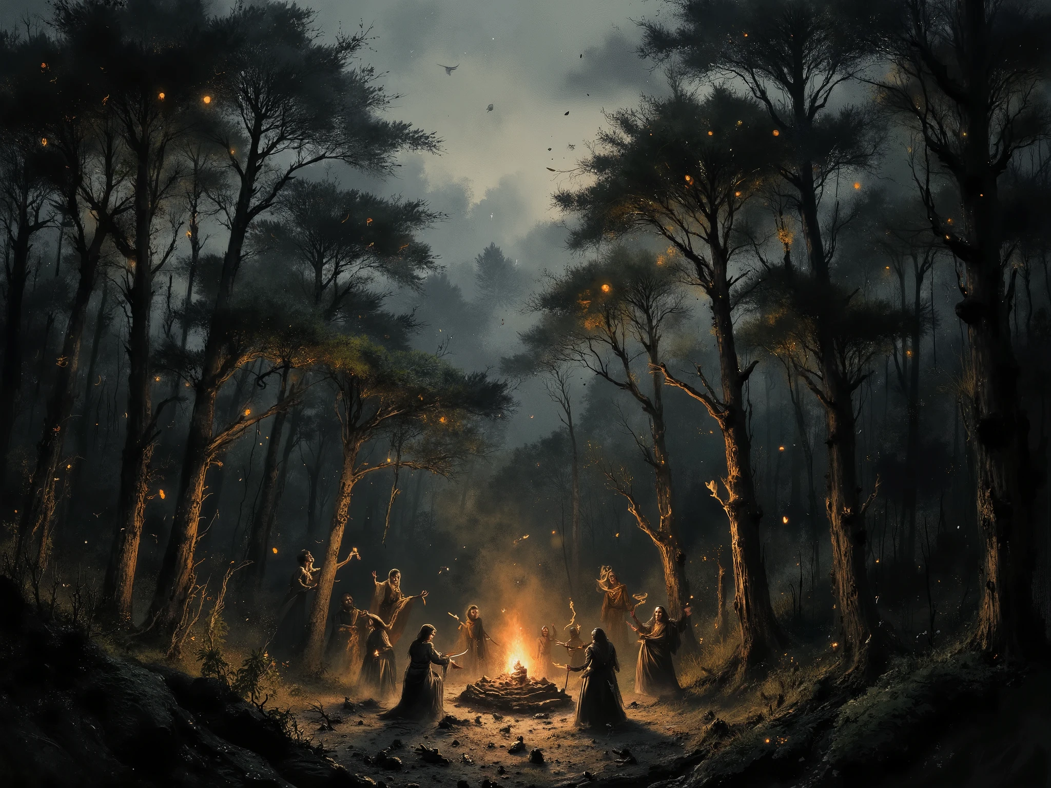 Witch womens dancing in circle, forest, woods, magical, fireflys glowing, mystical, fire, 