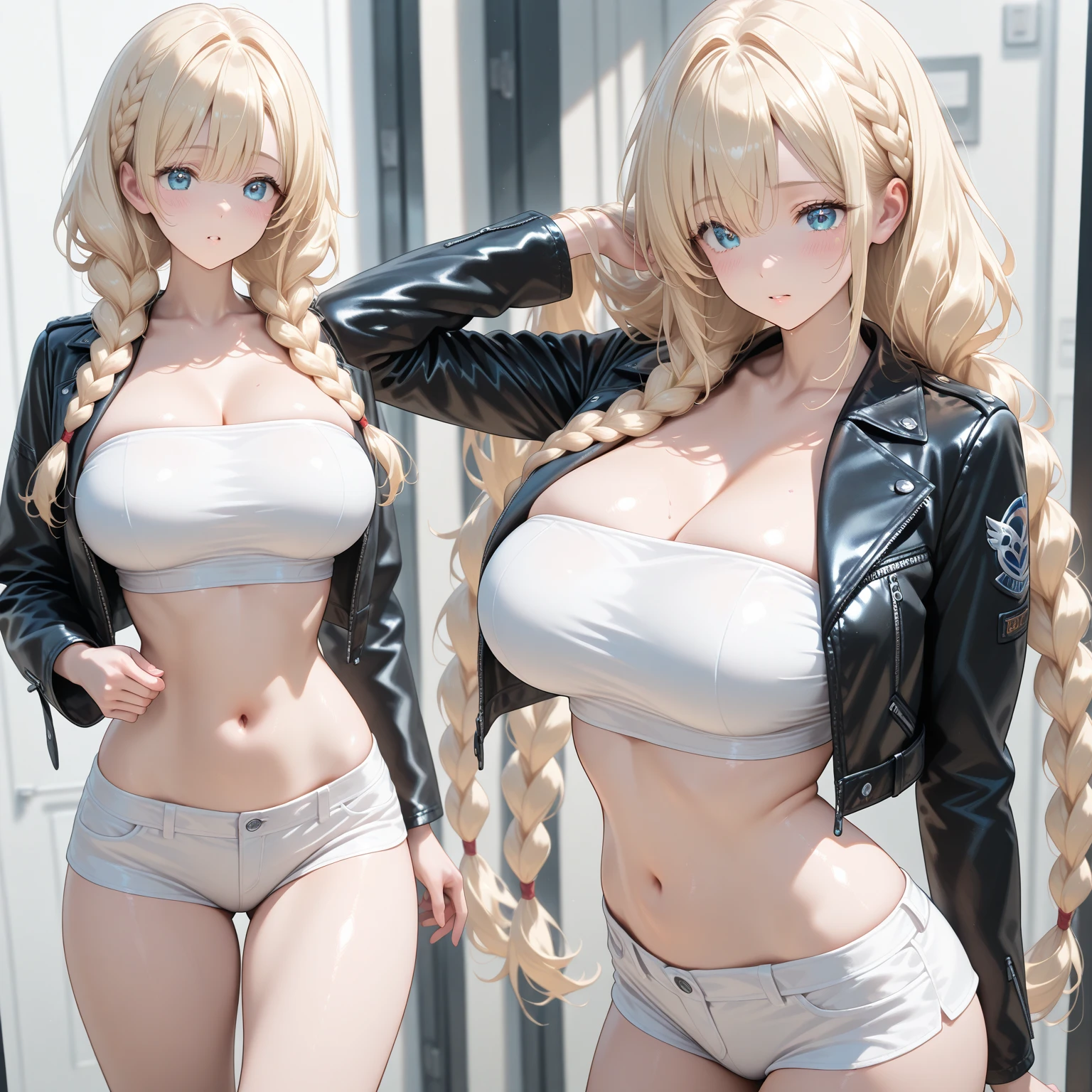 2D Anime Style、Blue eyes、Adults、breasts are slightly larger、Blonde Shorthair、Cool and beautiful woman、full body Esbian、Winter city、Wearing revealing clothing
