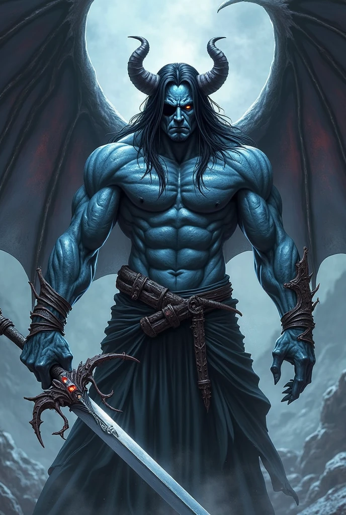 A massive gargoyle with long black hair  and sharp features with his wings outspread being bathed in moonlight, revealing the beautiful blue iridescence of his skin.
