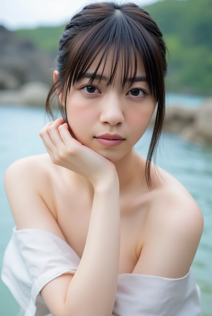 (8K, RAW Photos, Highest quality, masterpiece: 1.4), (Realistic, photoRealistic: 1.4), Super detailed, Ultra-high resolution, One Girl, Beholder, Beautifully detailed face, smile, (Slim waist: 1.0), Beautifully detailed skin, Skin Texture, Floating Hair, Professional Lighting, Middle Chest, Kind eyes,(small wet breasts:1.6), (beautiful wet nipples:1.6),(undressing:1.9), (:1.0), (law panty:1.5), (sleeveless wet blouse:1.1),(Feather Cut:1.0), (petite:1.0),(upper body:1.0)