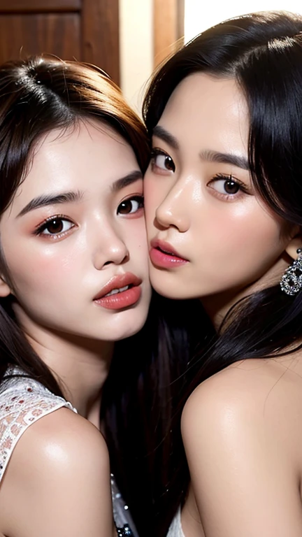 ((Highest quality, 8k, Tabletop:1.3, 2 girls, beautiful girl)), cute, dynamism, Detailed face, Detailed skin, Detailed eyes, Detailed lips, Detailed fingers, Mouth details, Detailed teeth, Detailed tongue, Round eyes, Tear bags, Realistic, RAW Photos, Natural light, Perfect Anatomy, High resolution, ((nakedの体に白い液体:1.3)), (Partially transparent), Gold color background, chest, twin color hair, Sitting, naked