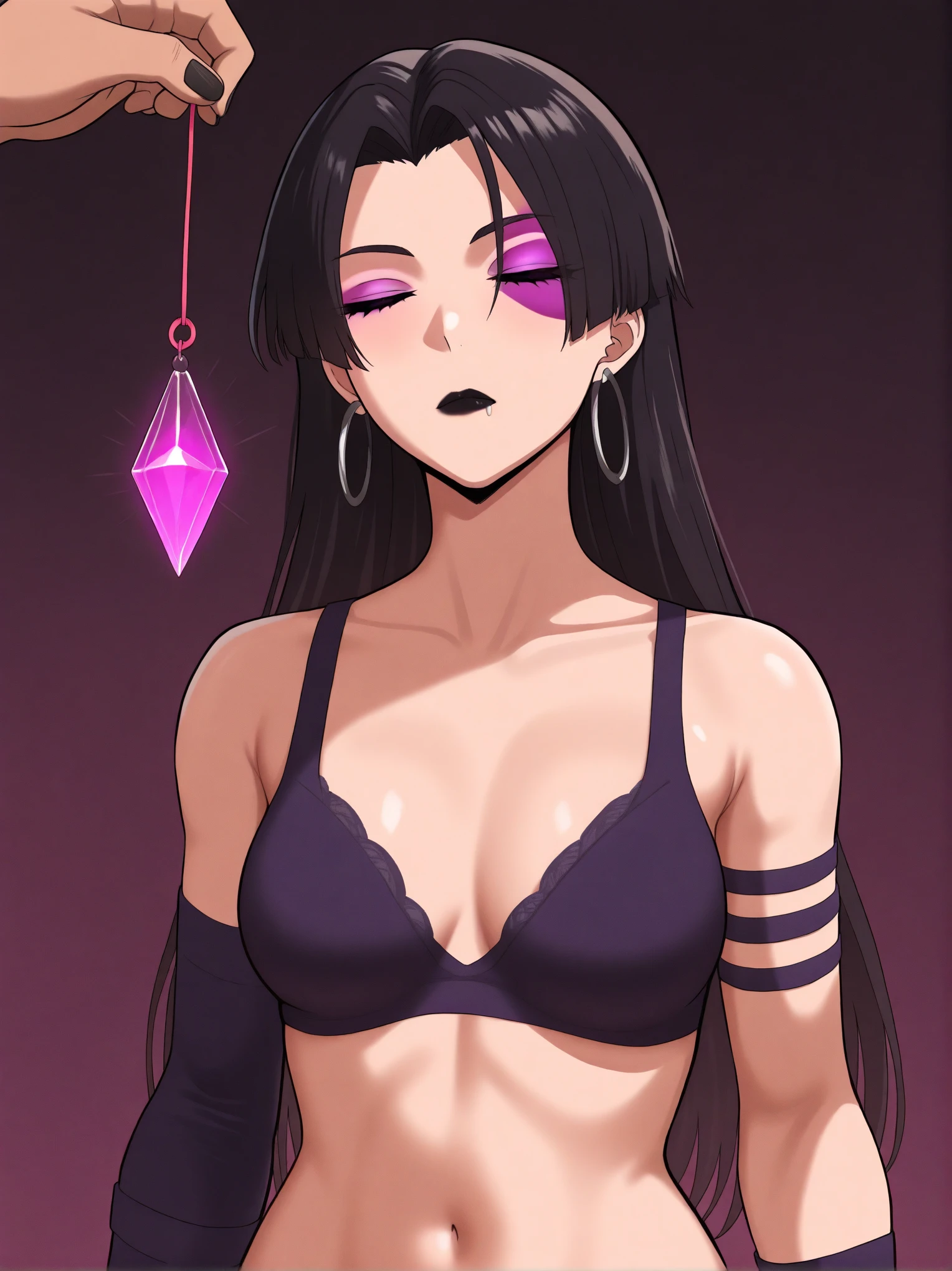 A sexy mute girl, beautiful world, big chest, long black hair, triangular light pink eyes, wearing a metallic black corset and heavy black bra, red stripe, shows navel and her blue jeans.