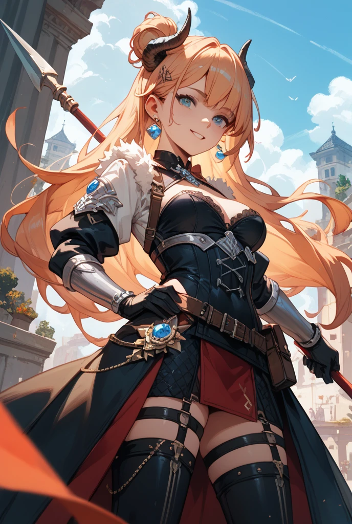 ((three-sided view, front view, side view, back view, multiple views, multiple poses and expressions, many parts)), concept art, character concept art, character sheet, Full body, illustration, (simple background, gray background), 1 character, 1girl, fantasy art, a female knight in metal armor, red_outfit, white_armor,cropped shoulders armor, plate armor, armor dress,gauntlets, Blonde hair,high ponytail,Blue eyes,ruby tiara,cleavage, thighs, thighhighs, weapon