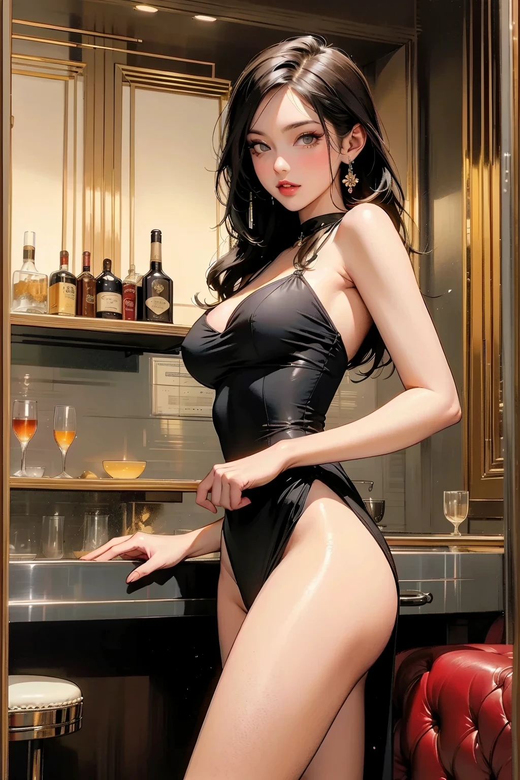 1 girl, （bikini：1.5）,huge breasts， beach, Light particles, Light, wallpaper,stand up，系留bikini，whole body，barefoot，Meat thighs