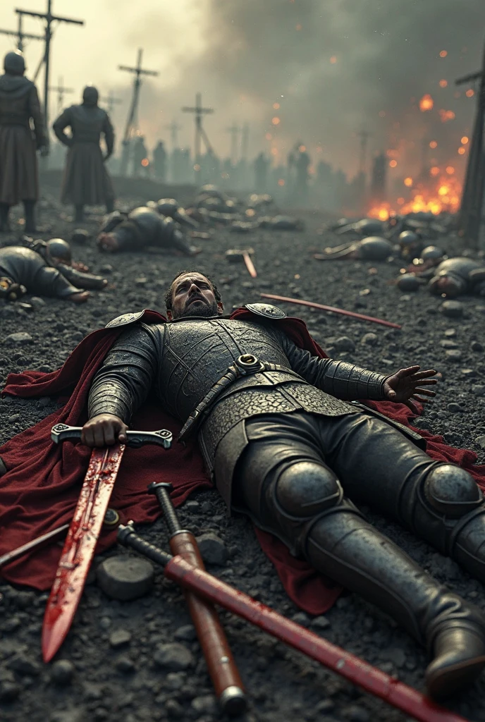 A highly realistic, high-contrast, 8K HD, detailed, hyper-detailed image of Tono, a knight clad in full armor with a lion emblem on his chest, being defeated in battle. Tono is on the ground, blood pouring from his wounds, with a large pool of blood surrounding him. The atmosphere is tense and chaotic as the battle continues around him, with other knights still engaged in combat. The image captures the intensity of the battlefield, with Tono's fallen form as the focal point, surrounded by the chaos of ongoing warfare. The image is of the highest quality, with ultra-high resolution, RAW photo quality, and Unreal Engine rendering, vividly depicting the tragic and brutal moment of Tono's defeat.
