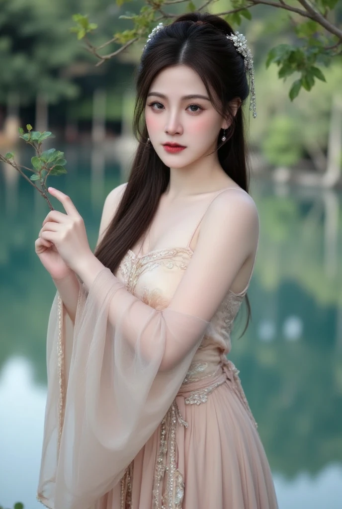 最high quality, 8K, Masseter area, Energetic, concentrate, high quality, high resolution, Delicate face, Fine particles, thick lips, (Looking at the audience), solitary, Beautiful woman, 25 years old,full image, Plum, Black long hair, (Light-colored spaghetti strap lace dress:1.5),(Sitting on a chair in the park:1.5)、Blurred Background,((Smile:1.5))、((Wearing black high heels)),High Aims,Gentle and intellectual