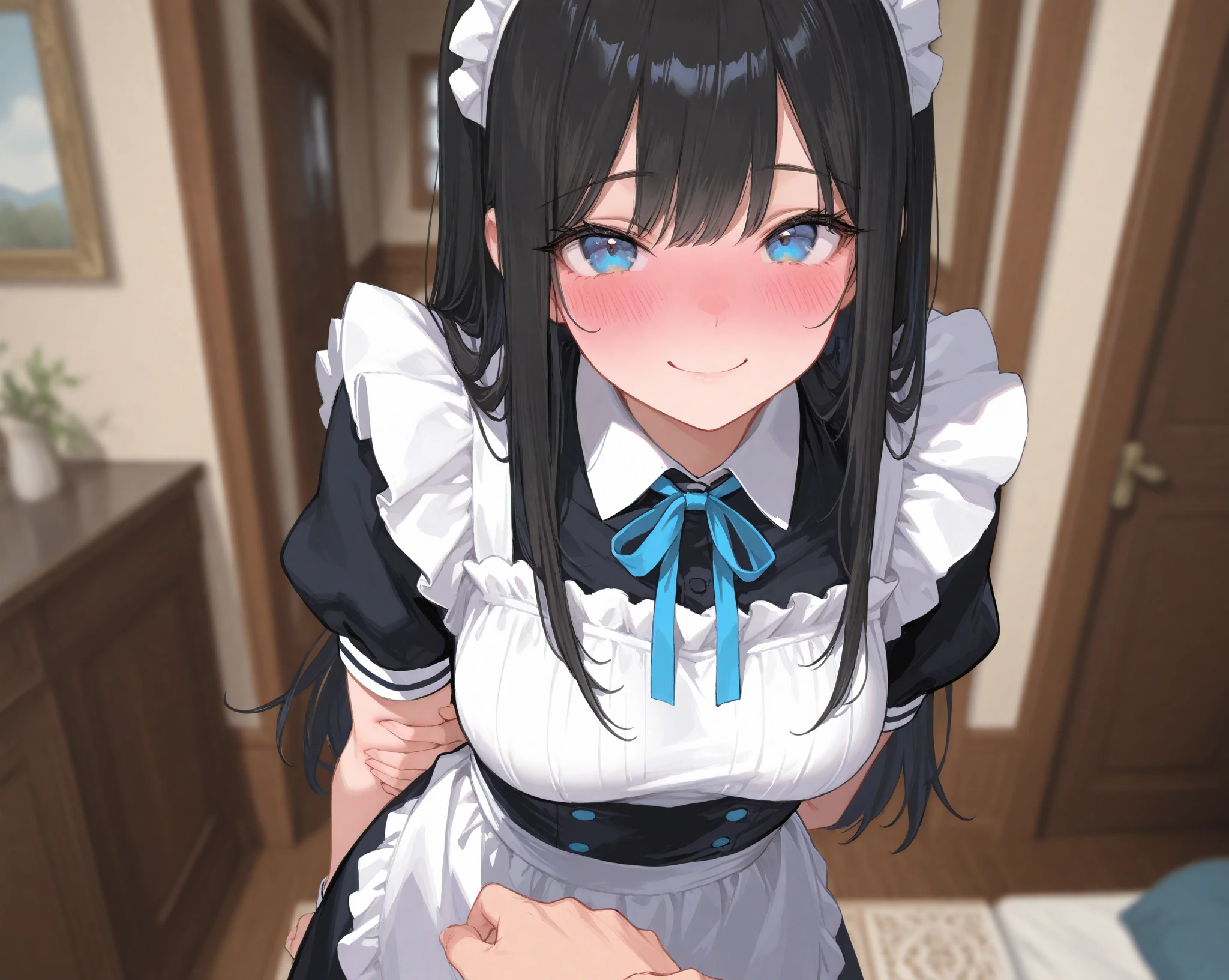 nsfw, (POV oral sex with cum:1.2), (deep throat:1.3), intense fellatio, :>=, (1boy with penis, full by:1.1), a cute girl, early teens, very lovingly face, maid wear, (blush:1.1), portrait, kneeling on wooden floor, in front of standing viewer, (from above:1.5), over looking, in the livingroom