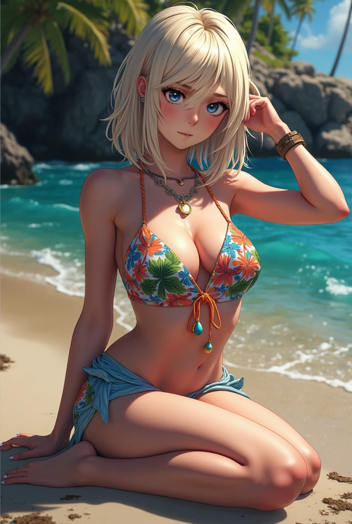 nsfw:1.6, Top quality, ultra high resolution, , (top quality, high resolution, 4K, detailed lighting, shaders, perfect anatomy, perfect proportions), eye of the beholder, (masterpiece, top quality) (top quality, 4K, 8K, high resolution, masterpiece: 1.2), highly detailed, (masterpiece: 1.3, top quality, ultra high resolution, ultra detailed), (top quality: 1.2), perfect eyes, perfect face, (top quality, 4K, 8K, high resolution, masterpiece: 1.2), highly detailed, (top quality, 4K, 8K, high resolution, masterpiece: 1.5), masterpiece, top quality, ultra detailed, top quality, high resolution, 32K CG, very delicate and beautiful, illustration, high resolution, sharp focus, 1 person, very beautiful and detailed anime face, very detailed eyes, ((masterpiece)), ((best quality)), (super detailed), ((cute)), cute, ((very detailed)), 4K, (8K), best quality, (best quality, 8K, 32k, masterpiece, super high resolution, very detailed, impressionistic:1.2), blurred background, (two arms) , (two legs), (four fingers and 1 thumb) , only one belly button, Bare shoulders.
(Beautiful busty woman in her 20s: 1.4). (Profile: 0.7). (Looking at me: 1.2). (Bust up shot: 1.3). (Dutch angle shot: 1.2). (Resort beach: 1.3). (White and blue striped bikini: 1.7). (Bottomless: 2). (Resort beach: 1.4). (Pier: 1.2). (Beautiful face: 1.2). (Neatly trimmed blonde pubic hair: 1.3). (Beautiful blonde hair: 1.4). (Long shiny hair blowing in the wind: 1.3). (White choker: 1.5). (Necklace, bracelets, anklets: 1.4). (Sitting in a split-legged position: 1.6). (Bangs swept to the side, showing forehead: 1.4). (Blue-green eyes). (Happy smile: 1.4). (Blushing: 1.1) (Pure white skin: 1.4). (Perfect proportions: 1.6). (Small pink nipples: 0). (Large breasts and nipples not covered: 0). (No panties: 1.6). (Full and beautiful breasts: 1.8). (Perky breasts: 1.8). (Thin waist). (Slender figure). (Nice butt: 1.1). (Realistic facial expression: 1.4). (Realistic water surface: 1.5).