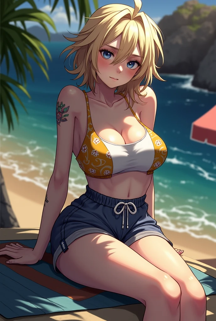 (highest quality, High resolution, perfect pixel, Depth of bounds written, 4K), (from front), beach, detailed eyes, (1 lady), tall, (skinny body:1.2) , (thin thighs:1.2), (Narrow hips), large breasts, blond hair, (ponytail:1.2), (denim short pants yellow bikini:1.2), (unbutton:1.3), (cross halter bikini), (rio cut pants), (panty strap:1.3), (swayback stance), left Hand on Hip, (arm behind head), (seductive smile), blush, sweat,