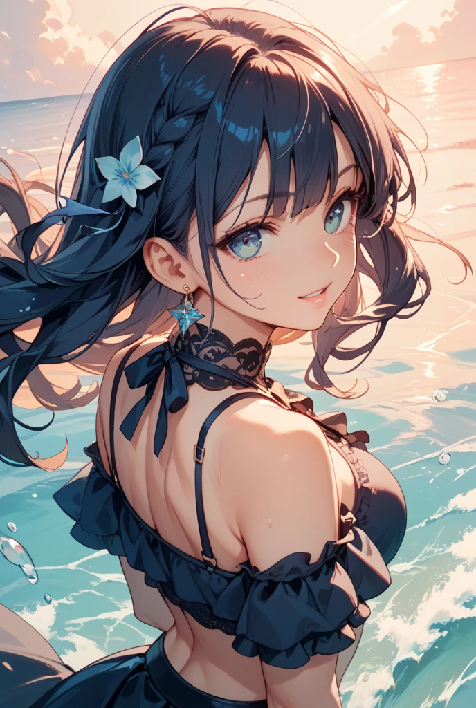 ((short hair, Highest quality, High resolution, Hmph, Pixel perfect, 4K, Hmph, Hmph))), One Girl, single, alone, Beauty、 (( bangs, Black Hair、ponytail、Scrunchie)), ((Big blue eyes, Beautiful eyelashes, Realistic eyes、Double)), ((Detailed smile, )), ((Smooth texture:0.75, Realistic texture:0.65, Realistic:1.1, Anime CG style)), Big Breasts, Perfect body, cardigan、White blouse、Shorts、Embarrassed