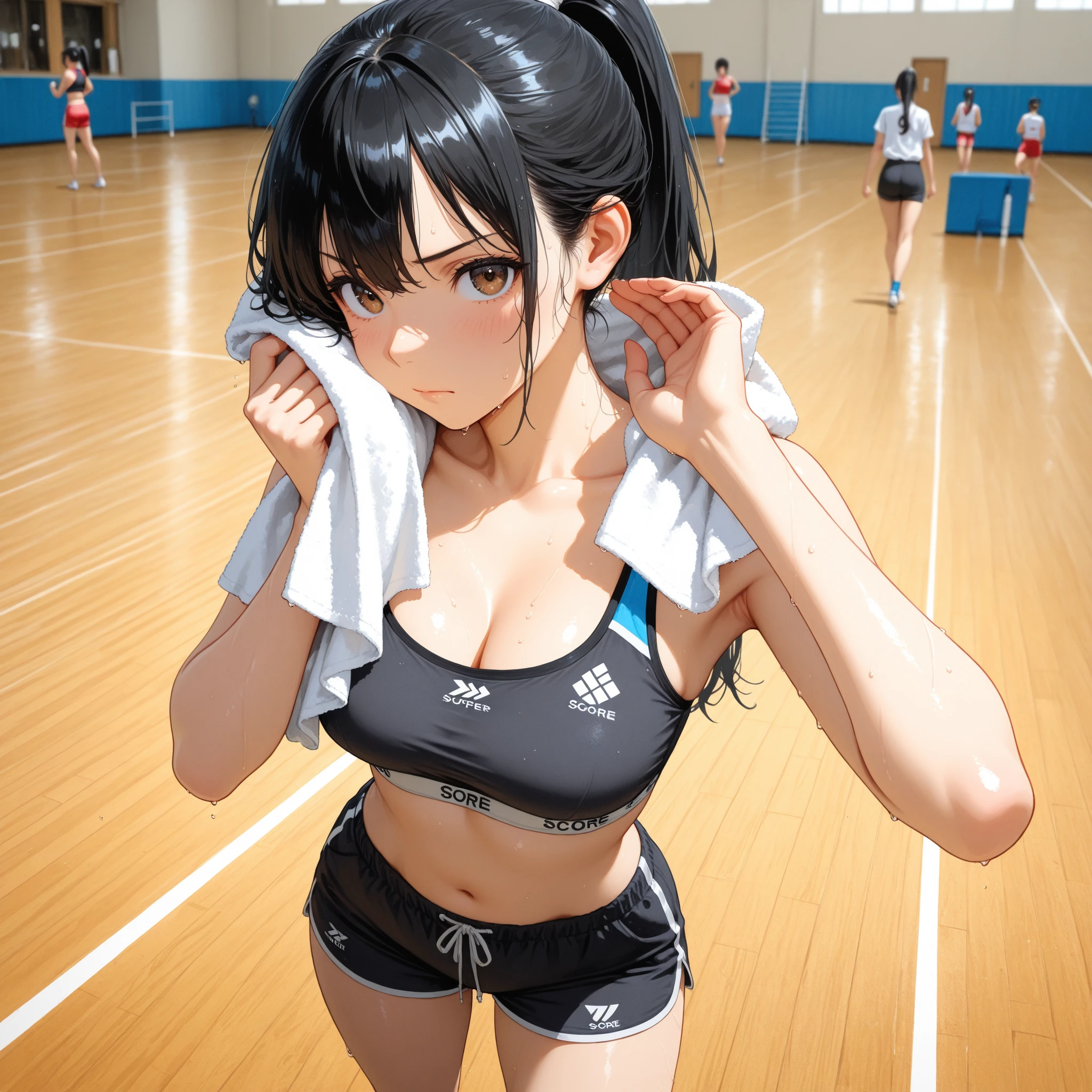 brown hair, brown eyes, long hair, looking at viewer, solo,forehead,masterpiece, best quality, photorealistic, yujiasuit, yoga sports bra, yoga pants, 1girl, solo, , yoga ball, pants, looking at viewer, smile, green sports bra, simple background, , midriff, long hair, breasts, green pants, sportswear, tank top, upper body, in a gym, cute, standing, only one girl, intricate gym in the background, standing, full body shot