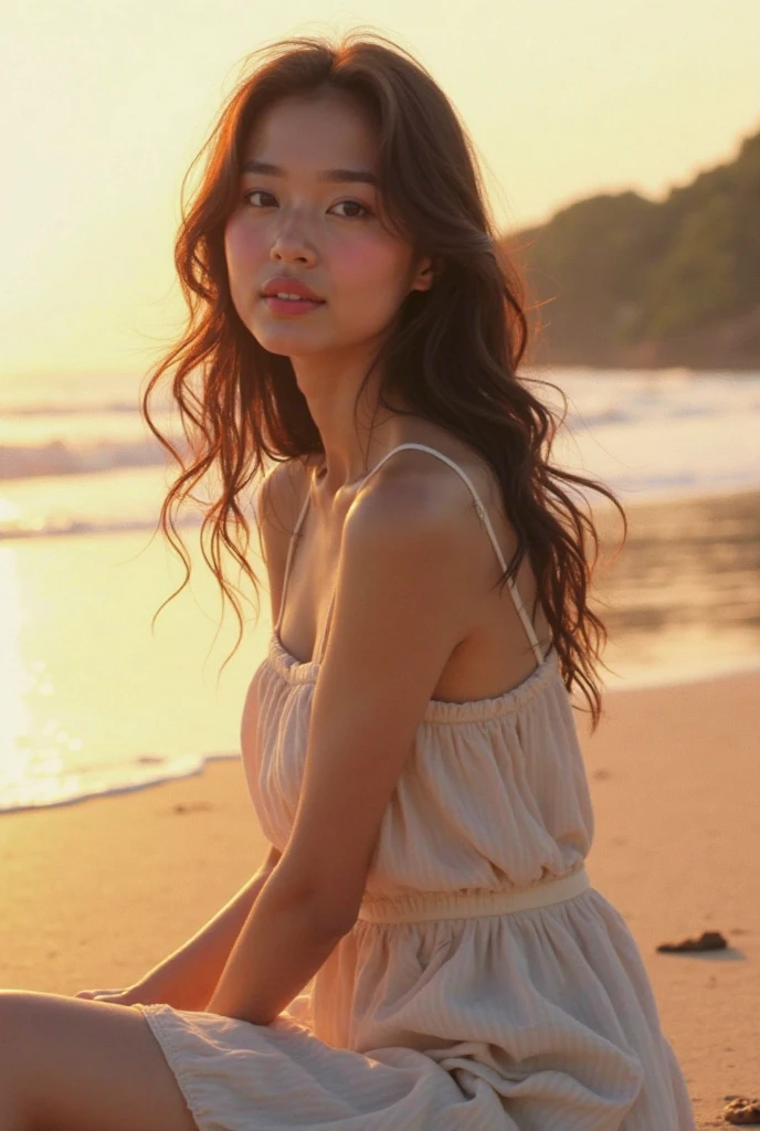 (realistic, photo-realistic:1.37),(8k, RAW photo, best quality, masterpiece:1.2), extremely fine detailed, ultra-detailed, physically-based rendering, ultra high res, kodakvision color, shot on Arricam LT Camera, bokeh, sharp focus, looking at viewer, photorealistic, realistic, solo, photorealistic, best quality, extremely detailed face, extremely detailed eyes and face, beautiful detailed eyes and hair, cuticle, absurdres, incredibly absurdres, floating hair,perfect body, ((sundress, evening light)), walking on beach, turning towards viewer, waves in background, sunset sky
