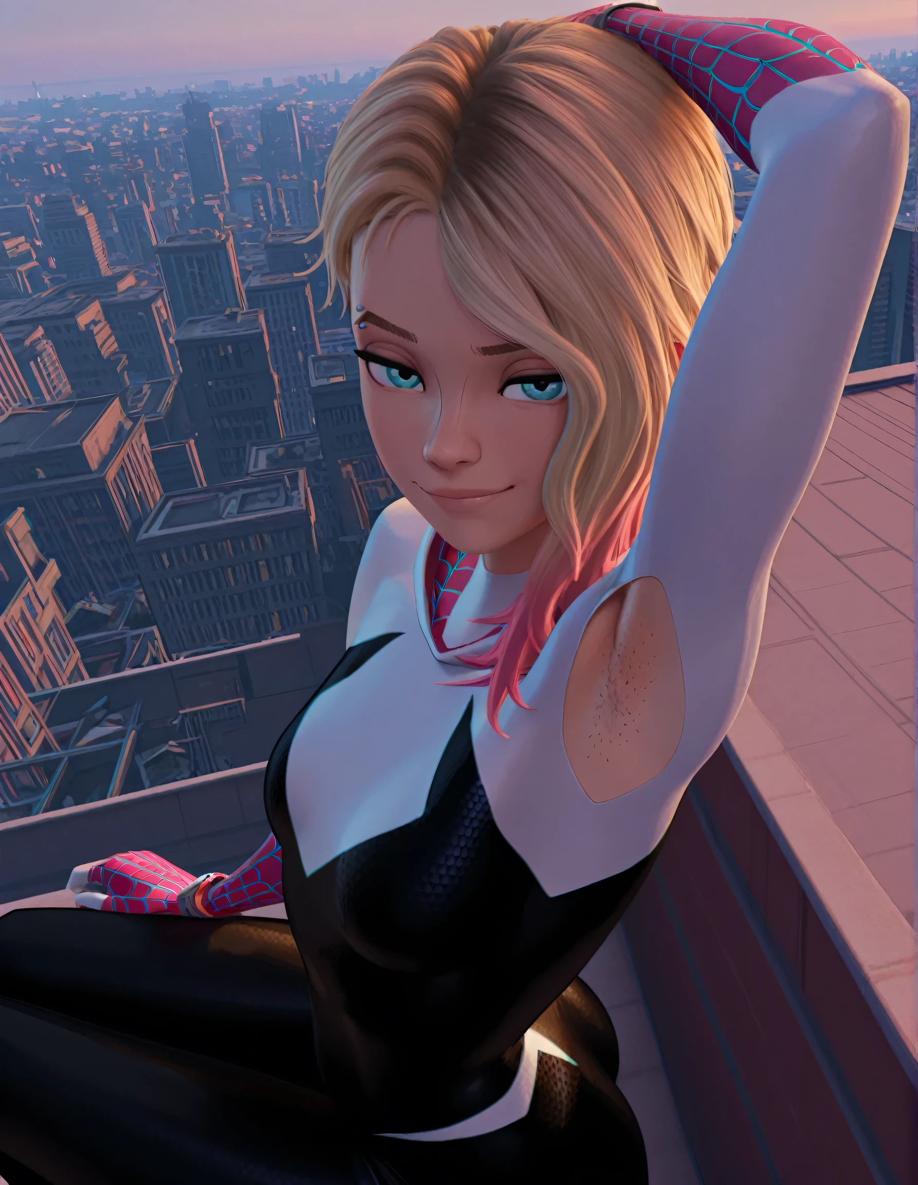 Gwen Stacy crouched in a sexy position facing forward showing t, alto contraste, (fotorrealista:1.4), (figura femenina perfecta), (Mejor calidad, parte maestra:1.2), mapeo de fotones, radiosidad, physically based rendering, Mejor calidad, muy detallado, , al aire libre, capucha, (((Bien))), ((naked)), sonrisa, little , ((ahegao)),((boobs)