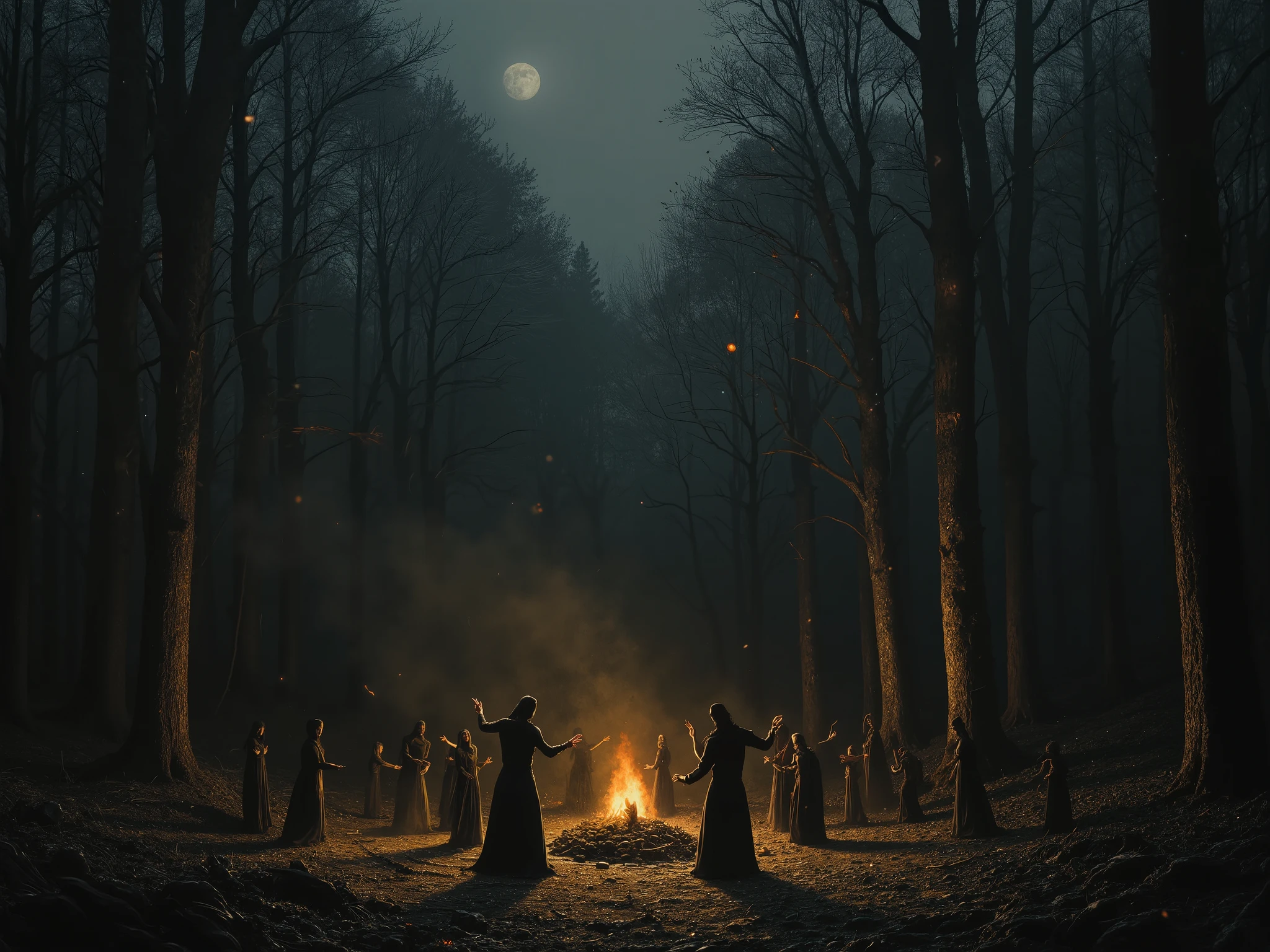 Witch womens dancing in circle, forest, woods, magical, fireflys glowing, mystical, fire, sacrifice, big witch hats,