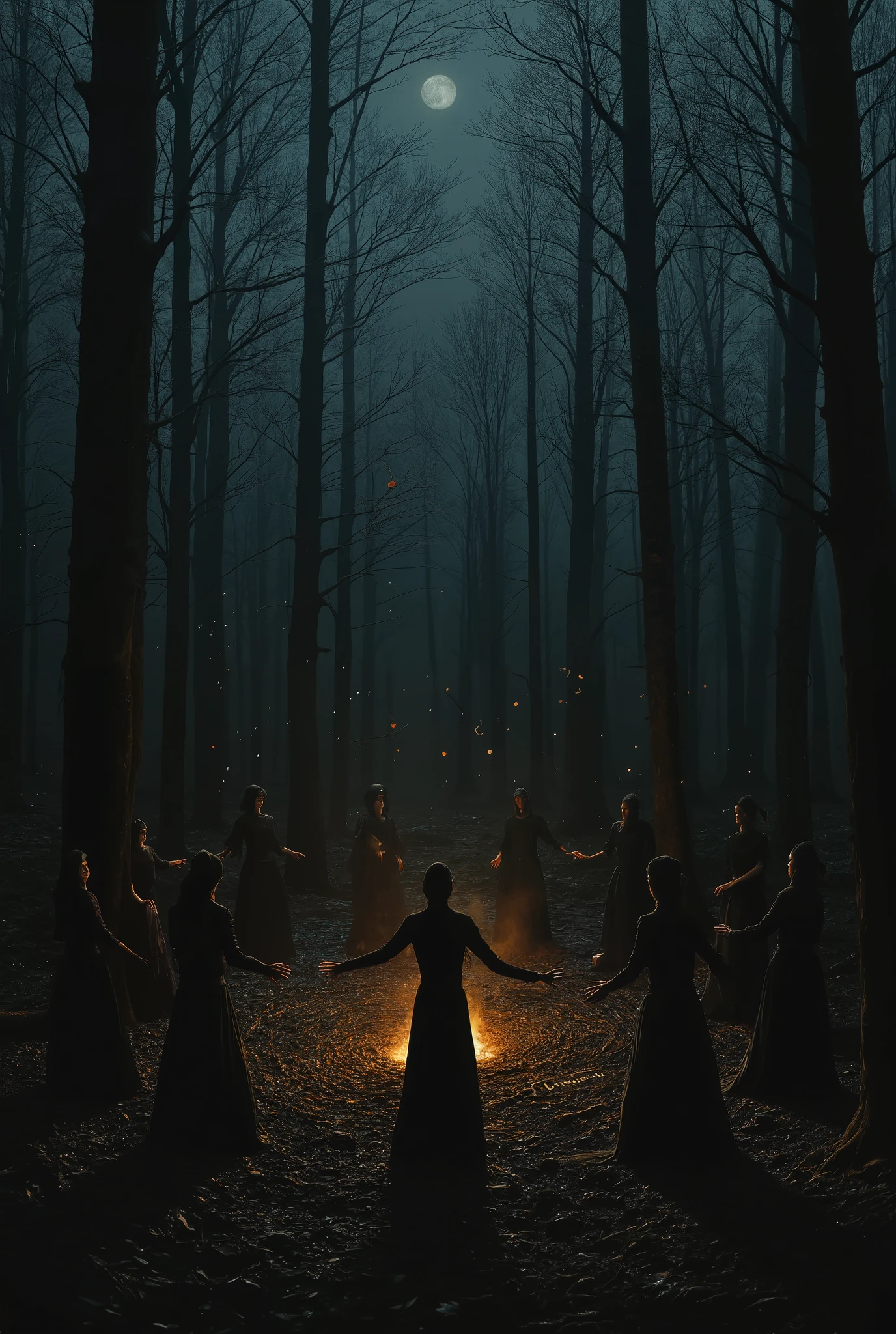 Witch womens dancing in circle, forest, woods, magical, fireflys glowing, mystical, fire, sacrifice, big witch hats, 
