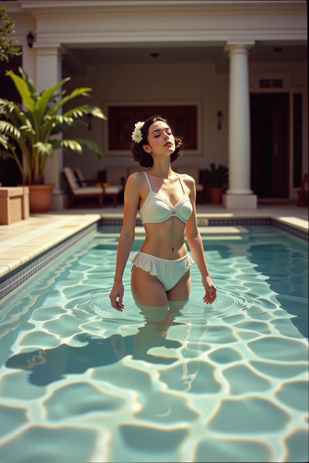 Retro Flair: A vintage-inspired scene featuring a woman in a classic bikini design, complete with retro sunglasses and a polka-dot print, capturing a nostalgic summer vibe by a picturesque pool.