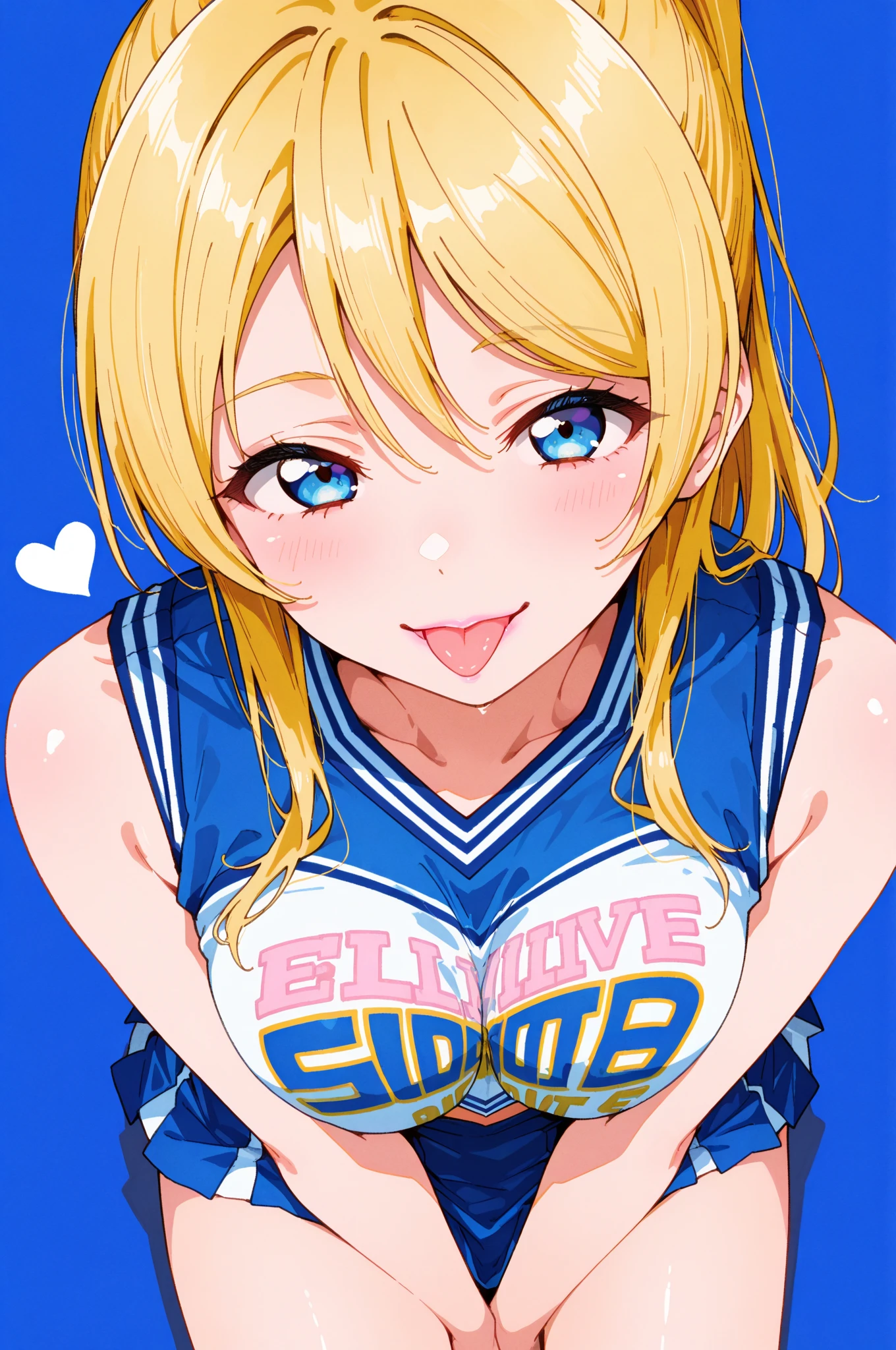 ((Cheerleader、Blonde、ponytail、Highest quality、Masterpiece、High resolution))、(((Zoom photo from above、semen、Bukkake、Wet body、Wet Hair)))、(Cute Smile:1.5、blush:1.5)、Big Breasts、Cleavage、Inside the gym