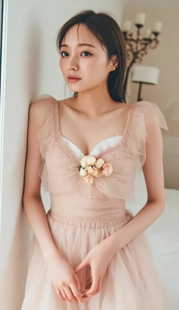 A beautiful Asian woman with a slightly exposed chest wears a stylish dress in pink. The dress combines modern style and traditional touches with soft fabrics and intricate detailing. The woman stood confidently with long, neat hair, warm and elegant expression. The background is a pastel color that matches the pink of her dress, creating a bright and cheerful atmosphere