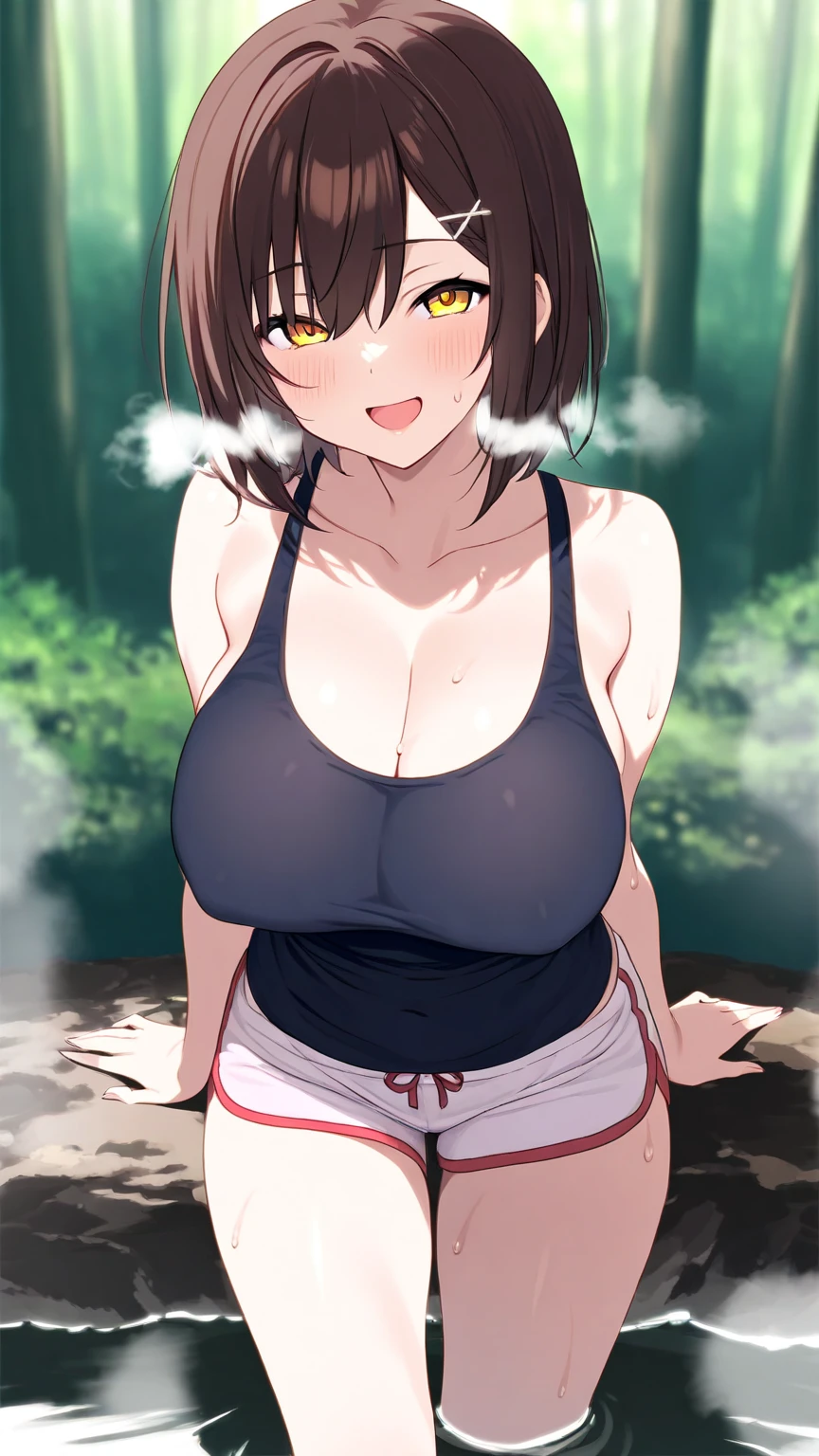 ((Best Quality)), ((Masterpiece)), (detailed), 1 girl, dark brown hair, broad, yellow eyes, big breasts, big thighs, I expressed a flirtatious smile., with a towel, in the hot springs, behind some mountains