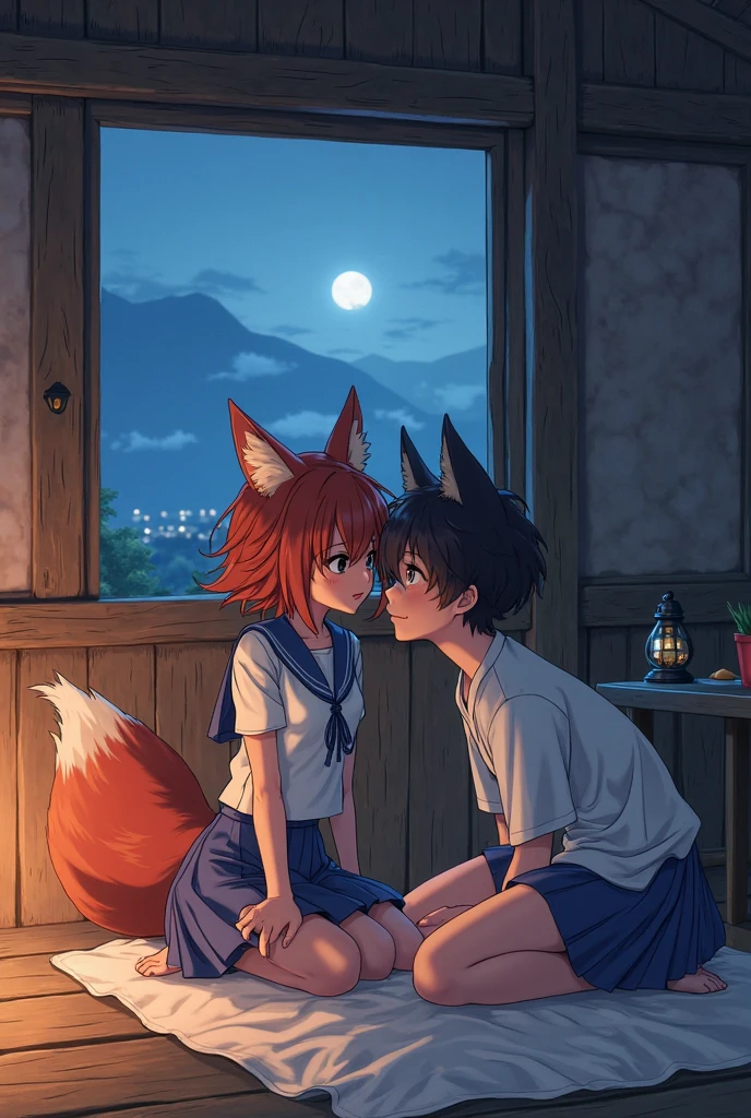 (Meisterwerk: 1,3), (2D: 1,0), (Anime: 1,0), (Illustration: 1,0). medium shot of a 16 year old male wolf bent over against at a wall by another 16 year old male wolf hidden between sume bushes, medium close up, close up, character focus, bent over, bending over, hands on wall, hands on hips from behind, grab hips from behind, close, embrace, humping ass, penetrating ass, making love, penetration, standing, standing behind, behind, one behind the other, from behind, uploaded to e621, erect, erection, big genitalia, 16 years old, small, red eyes, shota, shota boy, boy, no shorts, no pants, naked ass, naked, socks, tongue haning out, tank top, wristband, yellow eyes, masculine, male, (masterpiece:1.2),(anatomically correct:1.1), high quality:1.3, 2 arms, 2 legs, 1 tail, fluffy tail, small tooth standing out of mouth, small fang standing out of mouth, moe fang, cute fang, little fang, closed mouth, closed eyes, looking up, blushing, cum, cum out, erotic, ass, plump ass, night, wooden hut, stars, falling leaves, trees, wind, bushes, hidden between bushes, vegetation, big tree roots, rocks, river, low saturation, simple color palette