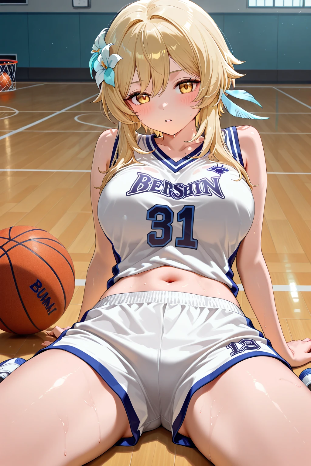 masterpiece, absurdres, best quality, ultra detailed, high Resolution, detailed illustration, bright colour, (extremely beautiful detailed face and eyes, Delicate beautiful face, 1 girl, cute face:1.3), (magenta eyes:1.1), sparkling eyes, big eyes, medium breasts, (perky breasts:1.1), (pointy breasts:1.1), medium hips, glamorous body, white skin, BREAK, long bob cut, (blonde hair:0.8), messy hair, detailed hair, shiny hair, BREAK (undressed, basketball uniform, Panties:1.3), perfect lighting, (embarrassed:1.3), (ecstasy, vulgarity:1.5), (trembling:0.8), gym,