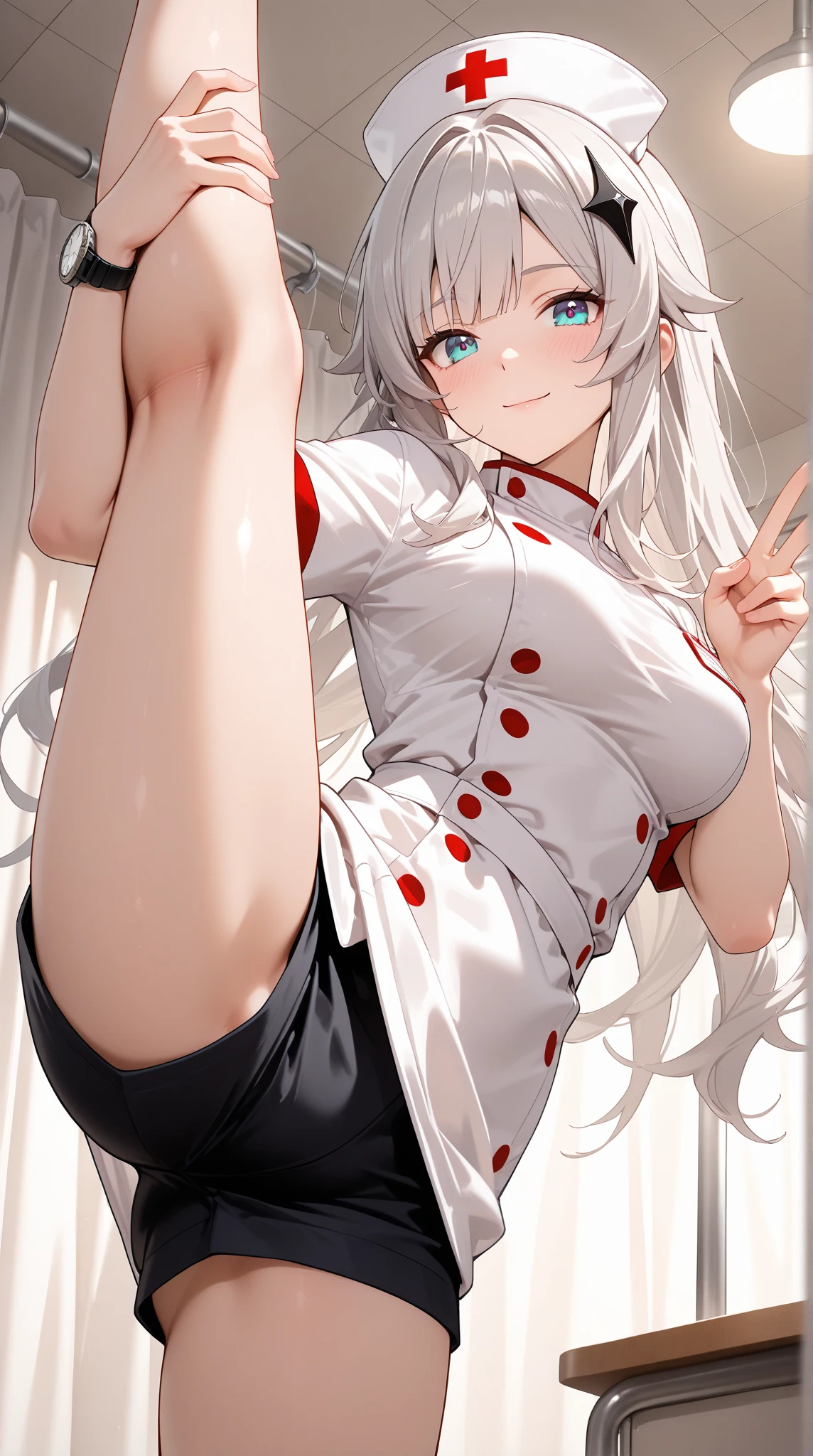 (masterpiece, best quality:1.2), solo, 1girl, smile, looking at viewer, pants pull, clothes pull, undressing, two-tone hair, long sleeeves, panties, large breasts, pussy  <lora:concept_pantspull:1>