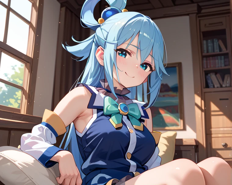 1girl, solo, long hair, skirt, thighhighs, blue eyes, breasts, aqua (konosuba), looking at viewer, bare shoulders, white thighhighs, detached sleeves, blue hair, hair ornament, blue skirt, blush, large breasts, shirt, hair rings, bow, zettai ryouiki, blue shirt, sitting, skindentation, long sleeves, miniskirt, bangs, thighs, hand up, bowtie, pleated skirt, parted lips, sleeveless, window, brooch, sleeveless shirt, ((medium quality)), ((medium quality))