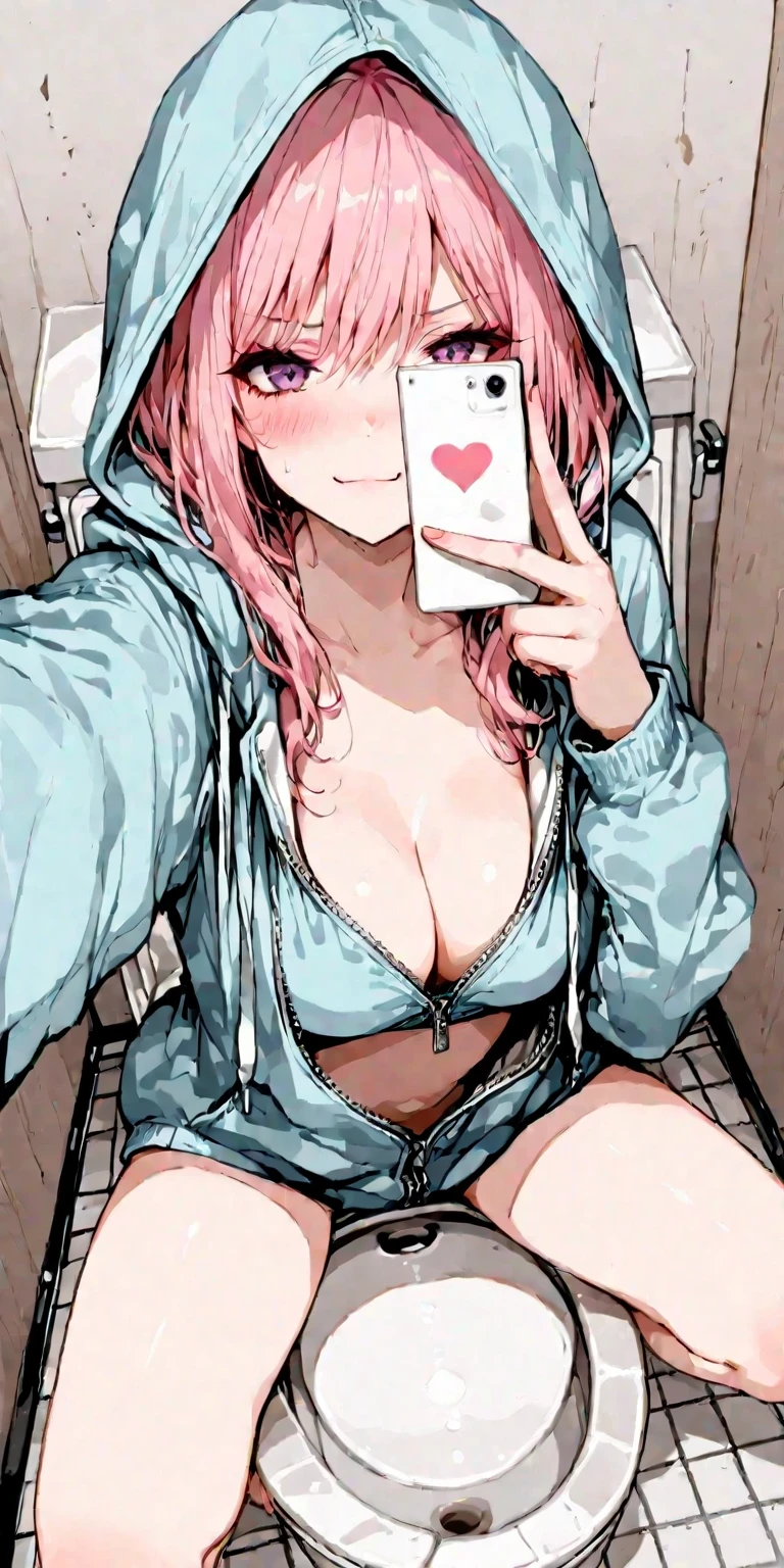((Masterpiece)),((Best Quality))),((Ultra Detailed)),((Illustration)),Upper Body View,1 mature girl, long pink curly hair, at home, holding a cell phone in hand