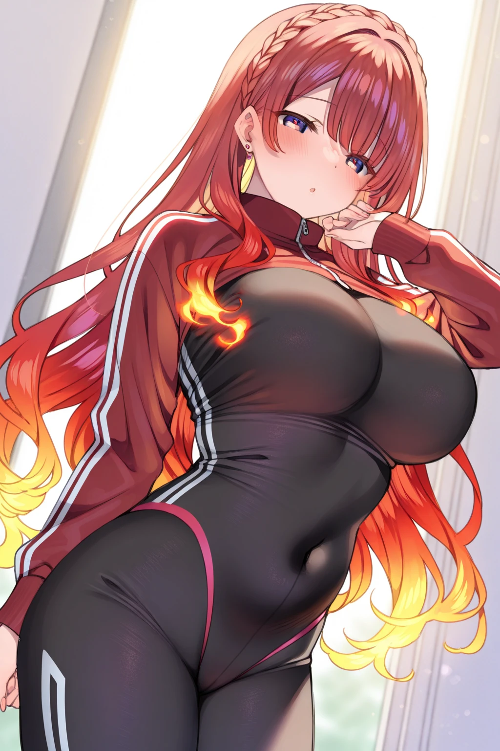 Red hair ponytail、Yellow Eyes、High school girls、Wet and see-through gym clothes、Big Breasts、Grin、Sweat:1.5