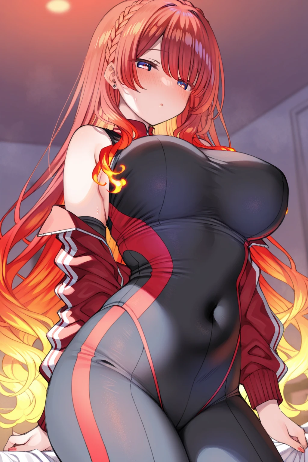 Happy woman, with wolf ears and red hair, holding her cheeks, wolf tail, wearing a latex dress, looking at veiwer, full body, you can see her chest, naked breasts