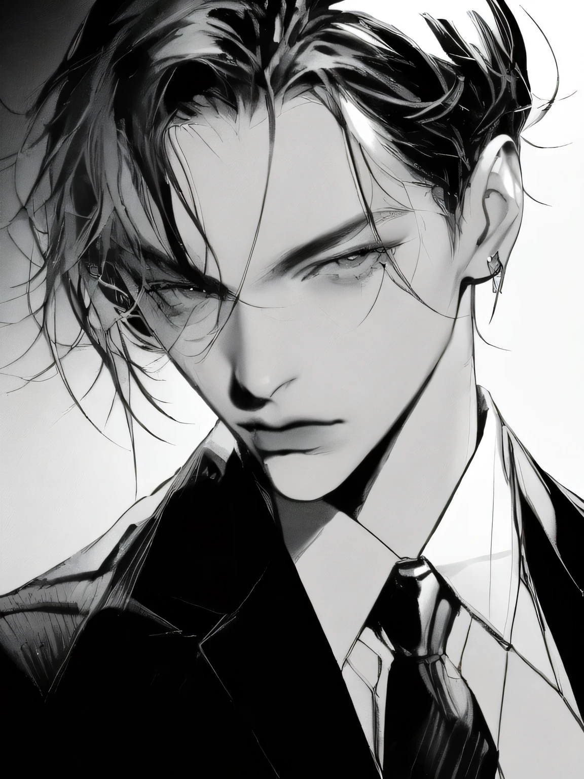 Suit thugs, 1 boy, black tie , Male attention, Black and white minimalist portrait, simple background, Closeup,( black background:1.2),