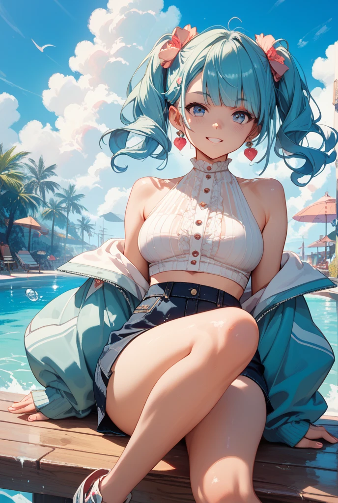 Anime Moe Art Style,highest quality,High resolution,Anatomically correct,One Girl,Mid-teens,A girl with light blue hair in a ponytail,Super detailed,Fantasy-inspired costumes,Tank top,hot pants,Big Breasts,Cleavage,smile,Bright smile,A rich expression,Lakeside,Outdoor,early morning,Sitting on knees,Sitting directly on the ground,Eyes drawn in detail,hair ornaments,necklace,8K
