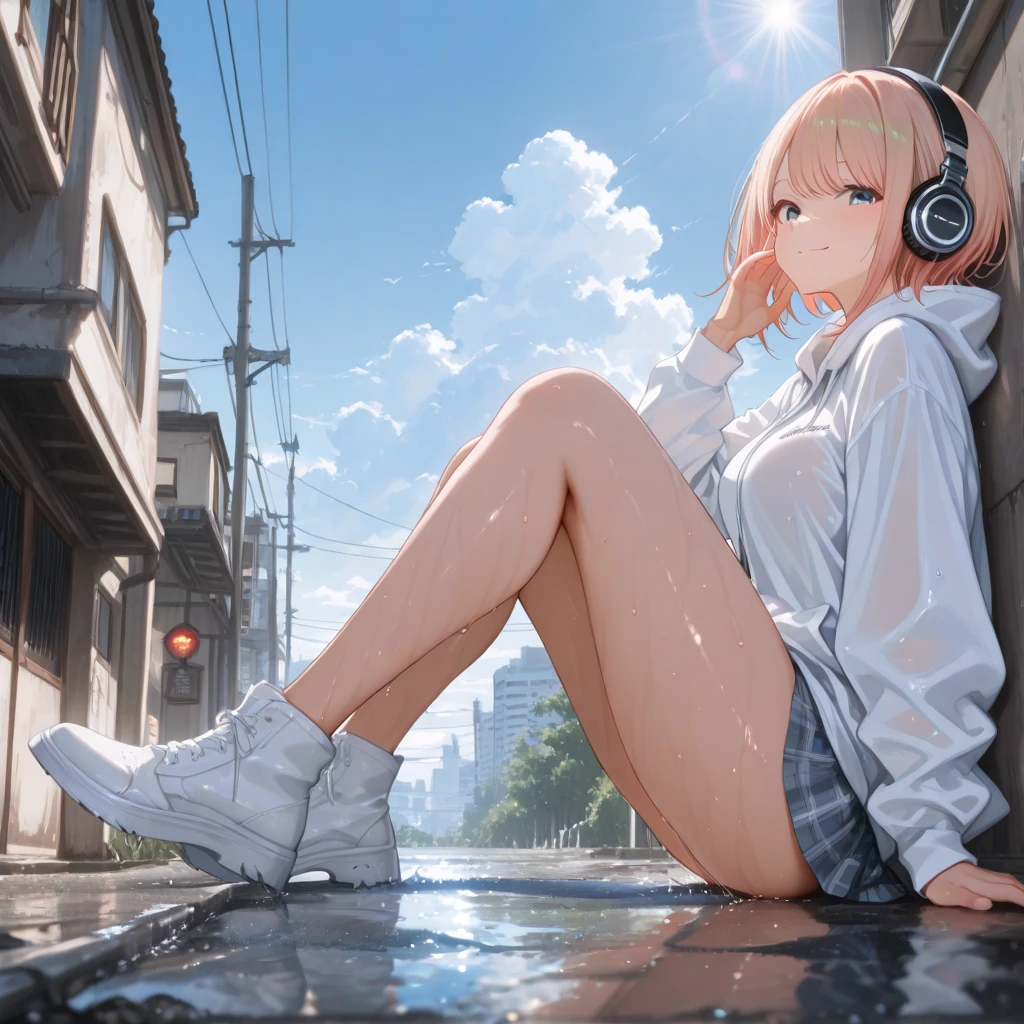 1 beautiful girl with big breast Ted pink hair short hair reen eyes black crop shirt white short pants black mask use headphone real rain sitting pose face looking up full body background on the park smooth shadow lighting from the park lamp