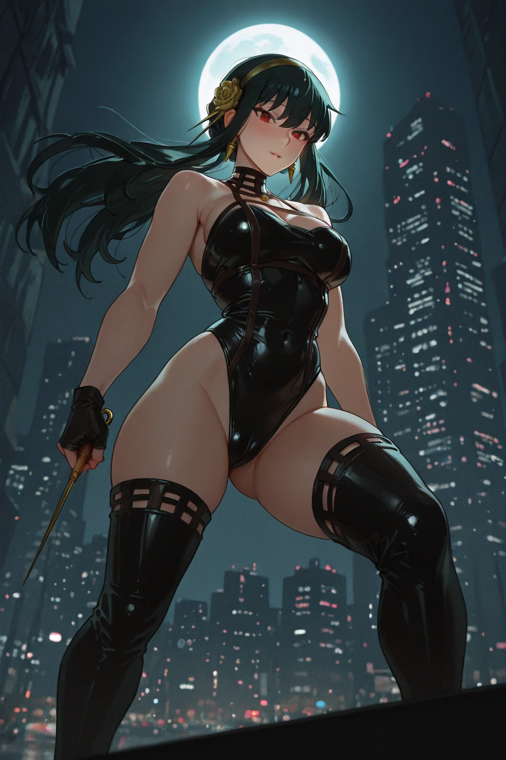 nekoyo chloe, jewelry, gloves, building, arm up,fishnet, night sky, dark-skinned female, highleg, hair between eyes, belt, thighhighs, solo, breasts, moon, tail, outdoors, cat ears, mask, leotard, multicolored hair, looking at viewer, elbow gloves, yellow eyes, cat tail, animal ear fluff, black hair, full moon, black gloves, shiny, arm behind head, sky, hair ornament, large breasts, dark skin, fingerless gloves, night, bare shoulders, covered navel, mouth mask, thighs, necklace, ponytail, animal ears, cleavage, skindentation, two-tone hair, armpits, streaked hair, pelvic curtain, long hair, 1girl, cat girl, fishnets, blonde hair, bangs