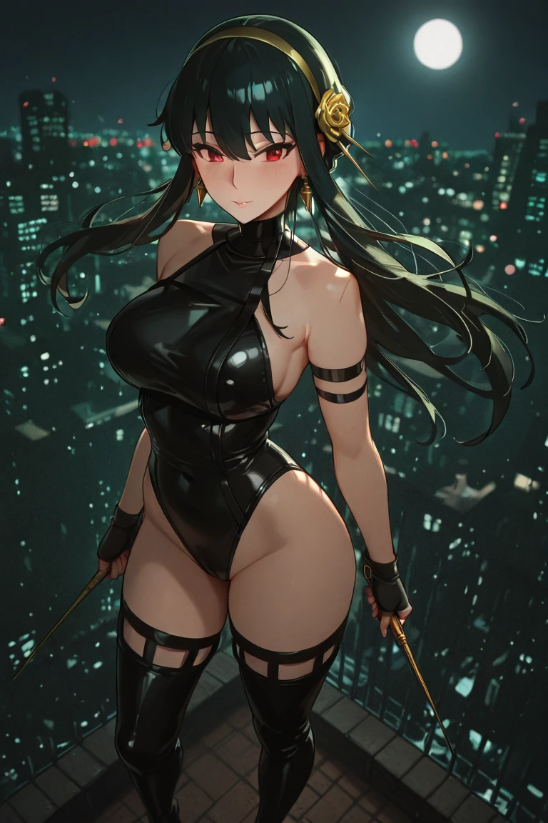 ((Realistic lighting, Best quality, 8K, Masterpiece: 1.3)), Focus: 1.2, 1girl, Perfect Body Beauty: 1.4, Slim Abs: 1.1, ((Dark Brown Hair)), (Aqua Dress: 1.4), (Outdoor, Night: 1.1), City Street, Super Fine Face, Fine Eyes, Double Eyelids, Annerose, 1girl, female mature, black hair, long hair, yellow eyes, large breasts, bodysuit, higheels, shiny clothes, skin tight, hair intakes, covered breasts, sideboob, cleavage, (solo:1.4)