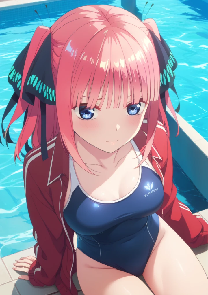 ((masterpiece)), ((best quality)), (ultra-detailed), anime style, pool, a cute girl, 1girl, solo, ((beautiful eyes)), smile, bikini00,