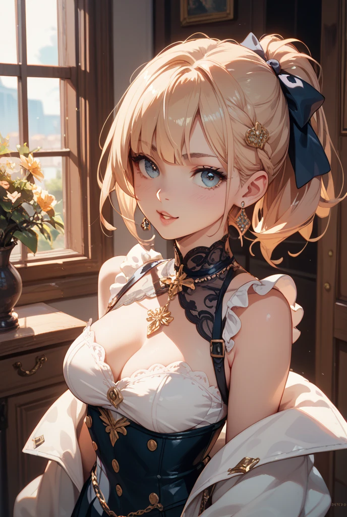 masterpiece, absurdres, best quality, ultra detailed, high Resolution, detailed illustration, extremely beautiful detailed face and eyes, bright colour, 1girl, (loli), cute face, Delicate beautiful face, magenta eyes, cute eyes, sparkling eyes, big eyes, medium breasts, (perky breasts:1.1), (pointy breasts:1.1), medium hips, glamorous body, white skin, Smile, BREAK, long bob cut, (blonde hair:0.8), messy hair, detailed hair, shiny hair, BREAK party dress, tiny ribbon, buffet party, fine dining restaurant, Night, real world, natural lights, perfect lighting,