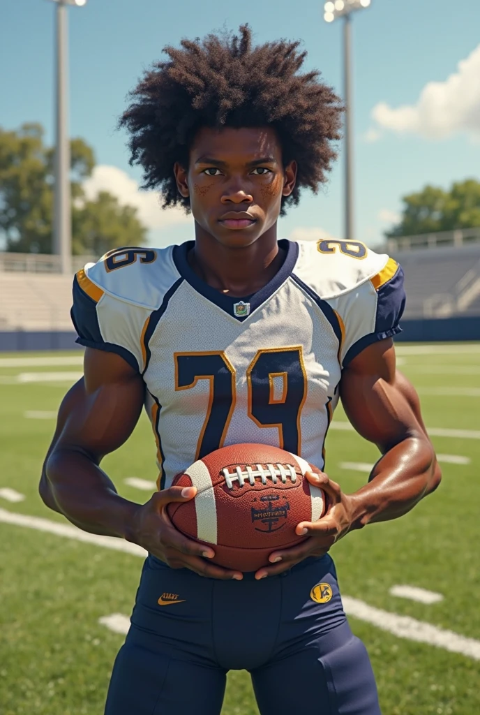 boy, 16 year old teenager, brawny, dark coffee tone skin, bluish brown eyes, rectangular face, medium curly black hair, thick lips, double chin, defined jaw, six pack abs, pernas brawnylas, wearing no shirt, confident grin, athlete, appealing, sensuous, wearing tight shorts for football, flexing his biceps triumphantly, posing in front of an American football field, Masculine Energy, determinate expression.