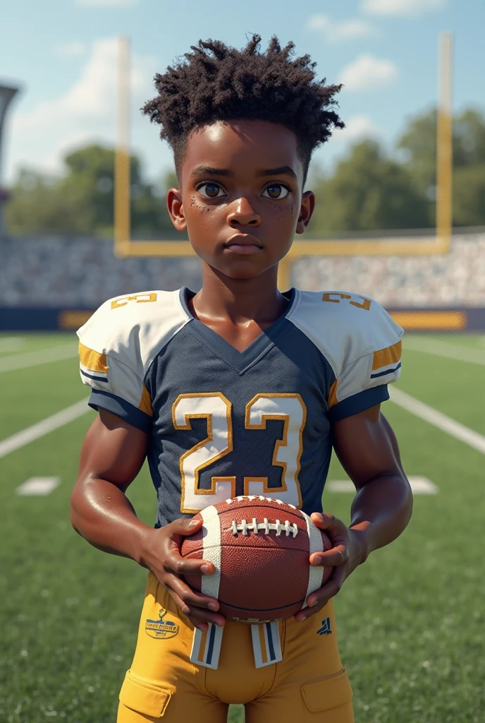 Little black boy, close-up on face, holding an American football on the field of an American football stadium, Pixar style, 3D style, Disney style, 8k, cute