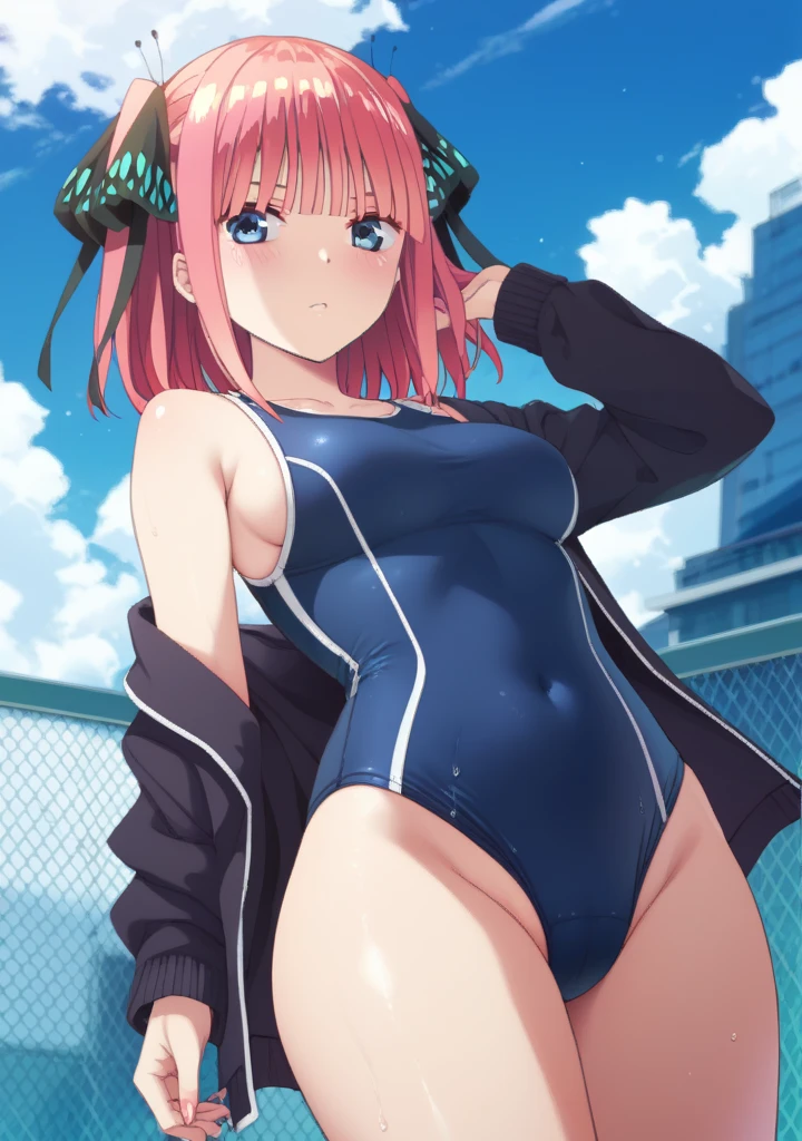 best quality, insanely detailed,nino nakano, poolside background, breasts, blush, back style, one-piece swimsuit, nipple, look into the distance, nsfw