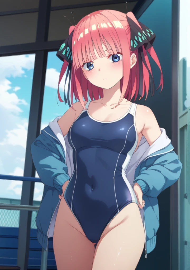 best quality, ultra-detailed masterpiece, anime art style, cute characters, nsfw, nino nakano, one-piece swimsuit, pantyhose
