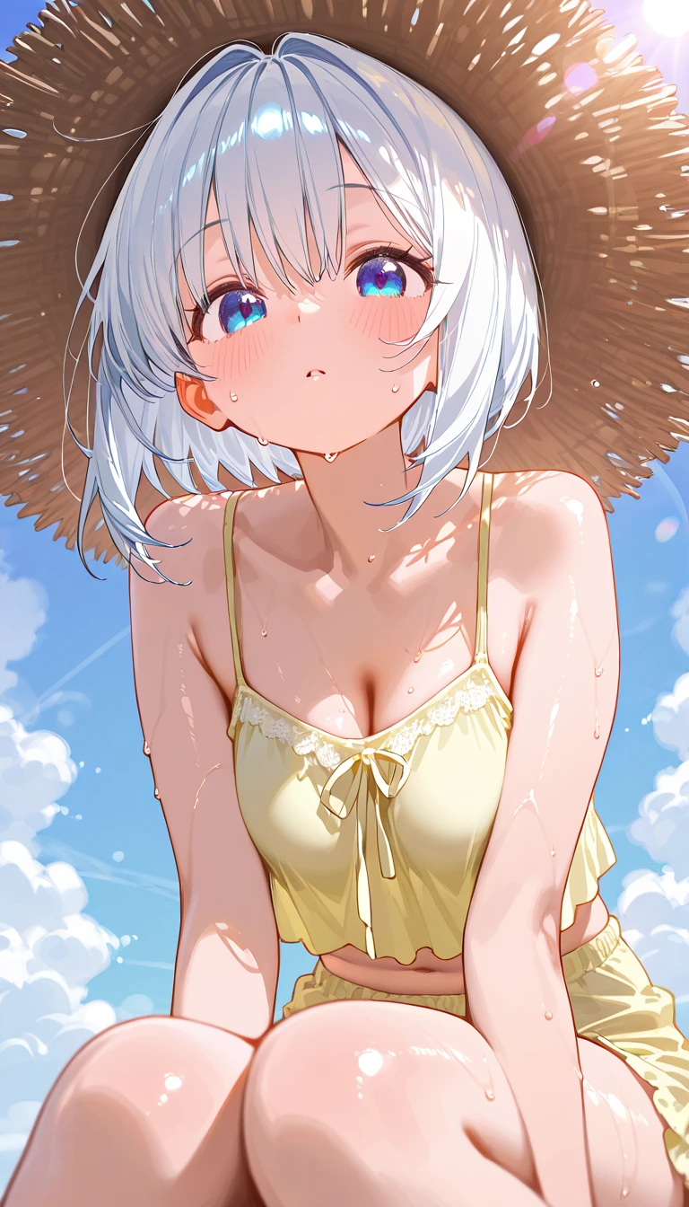 Tropical background, tilt the head, 20-year-old, Realistic, 8K, masterpiece, highest quality, bokeh, Beautiful expression, from below, low angle, full body, 1girl, 1 Screen View, underlighting, double piece, girl sitting, squatt, double eyelid, long eyelashes, detailed eyes, glossy lips, naughty, smile, happiness, pleased, blush, nose blush, Sunburned skin, Shiny natural skin texture, small-boob, pussy, fluffy bob cut, white hair, (Short dress:1.3), (No underwear:1.4), (nsfw:1.2), (Beautiful Face:1.3), (sparkle in the eyes:1.1), (wet with sweat:1.2), (see through:1.4), (puffynipple:1.2), (blunt bangs:0.8), (hair clip:0.7)