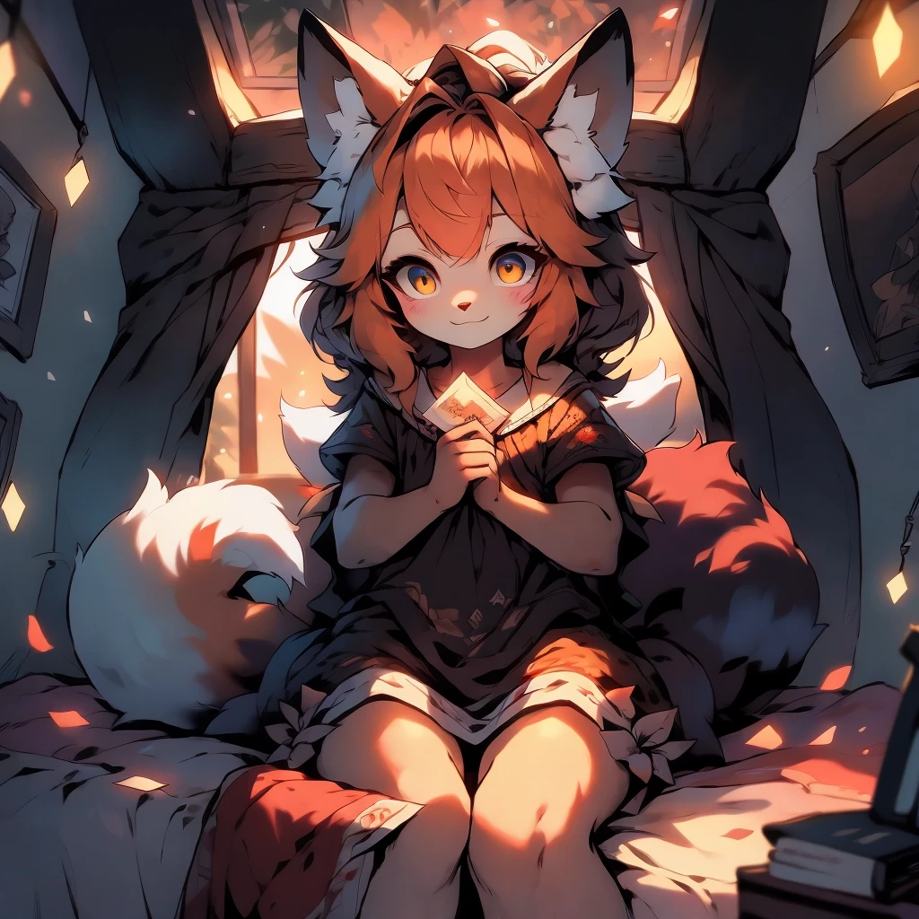 Anime filling,Two-dimensional illustration,Red hair,Half Twin Tail,shorth hair,Big eyes,A smile,a beauty girl,cute little,Super Cute,Black cat ears,Red Eyes,Ruffled Clothes,Inner colorGreen,One girl,Full body painting,A masterpiece of 2D art,(​masterpiece,Top image quality:1.3),(detaile:1.2),(女の子1人)