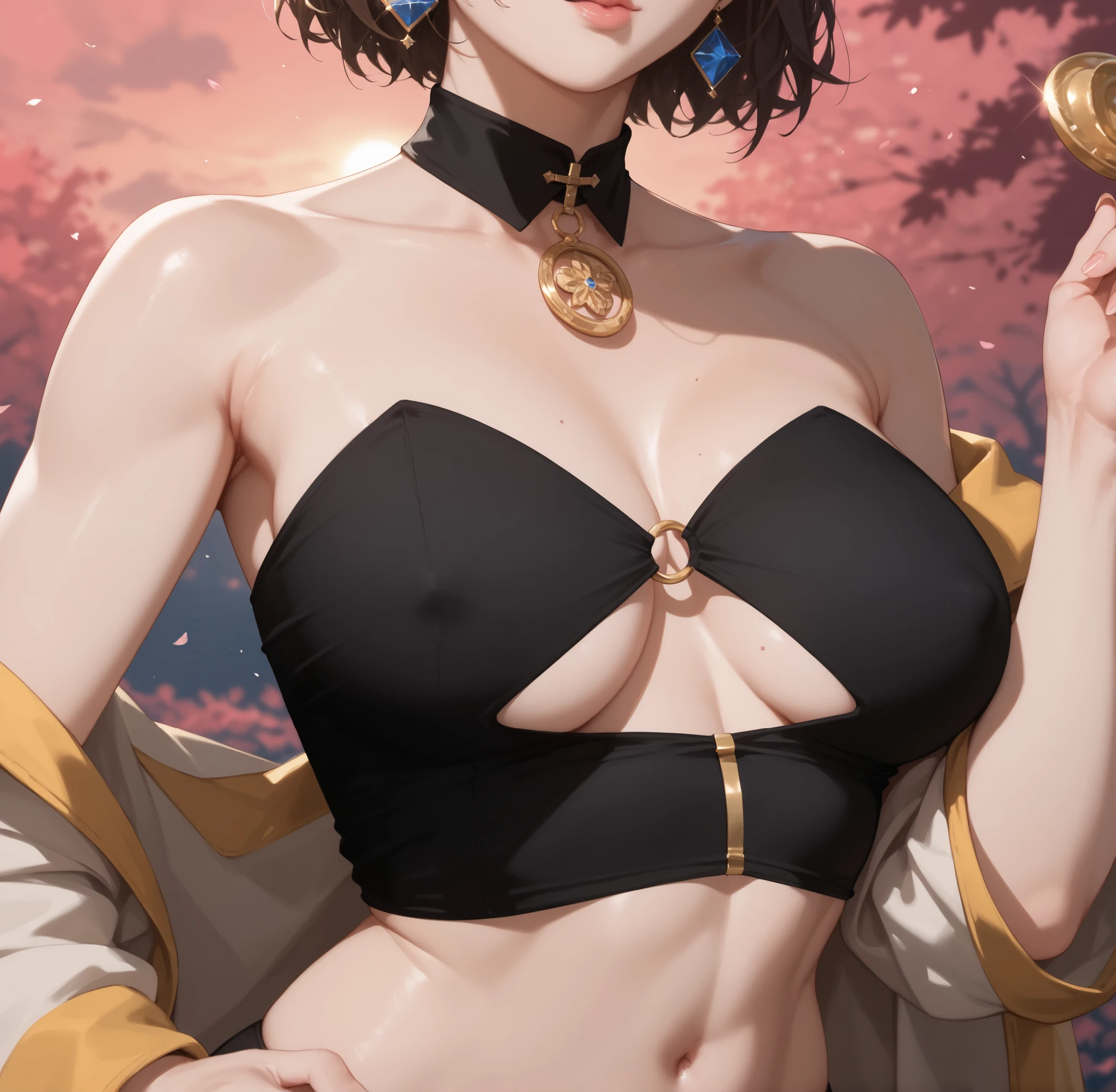 baby face, short black hair,messy hair,wavy hair, (photorealistic:1.4), (masterpiece, sidelights, exquisite beautiful eyes: 1.5), masterpiece*portrait, realistic, 3D face,kawaii face,front view: 1.5、 (glowing blue eyes:1.2),(tareme:1.5)、light smile,Rosy Mouth,Slim Body, shiny hair, shiny skin: 1.5、large breasts:1.3,solo,(sit)、(cutout between underboob and crop top)、(charactor focus:1.5、portrait)、upper body,
